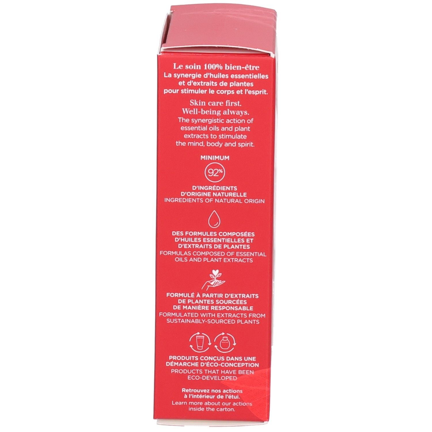 Côté de l'emballage Clarins Eau Dynamisante. Informations sur les ingrédients et l'éco-conception.