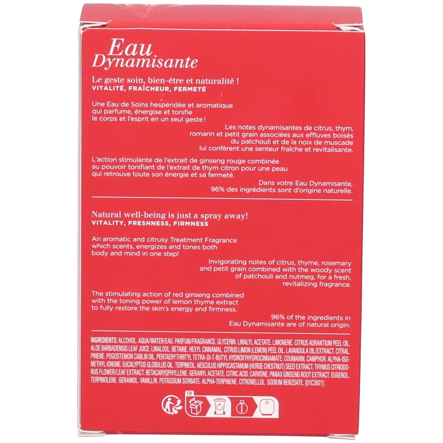 Arrière de l'emballage Clarins Eau Dynamisante. Décrit le parfum et les bienfaits, 96% d'ingrédients naturels.