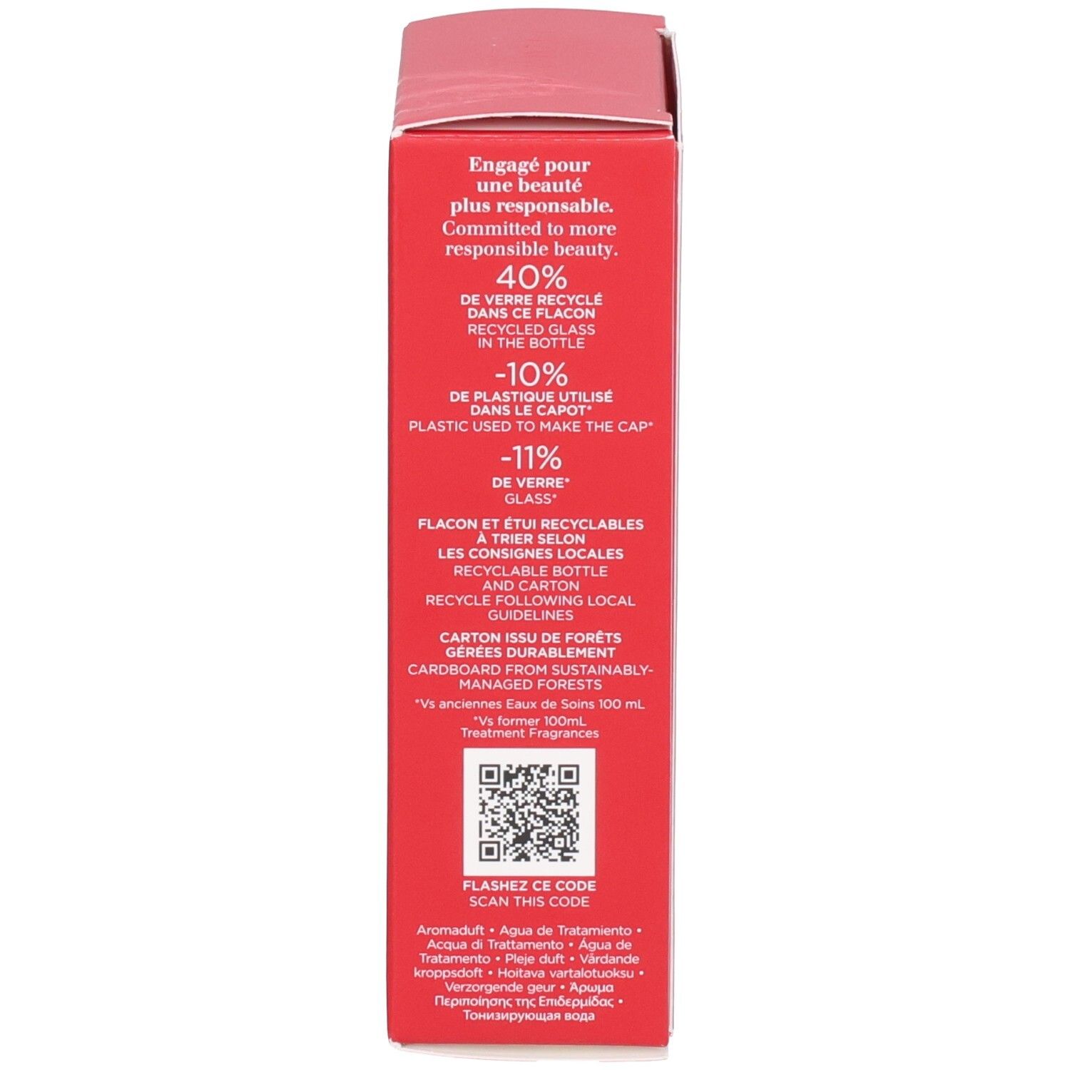 Côté de l'emballage Clarins Eau Dynamisante. Informations sur le recyclage et la beauté responsable.