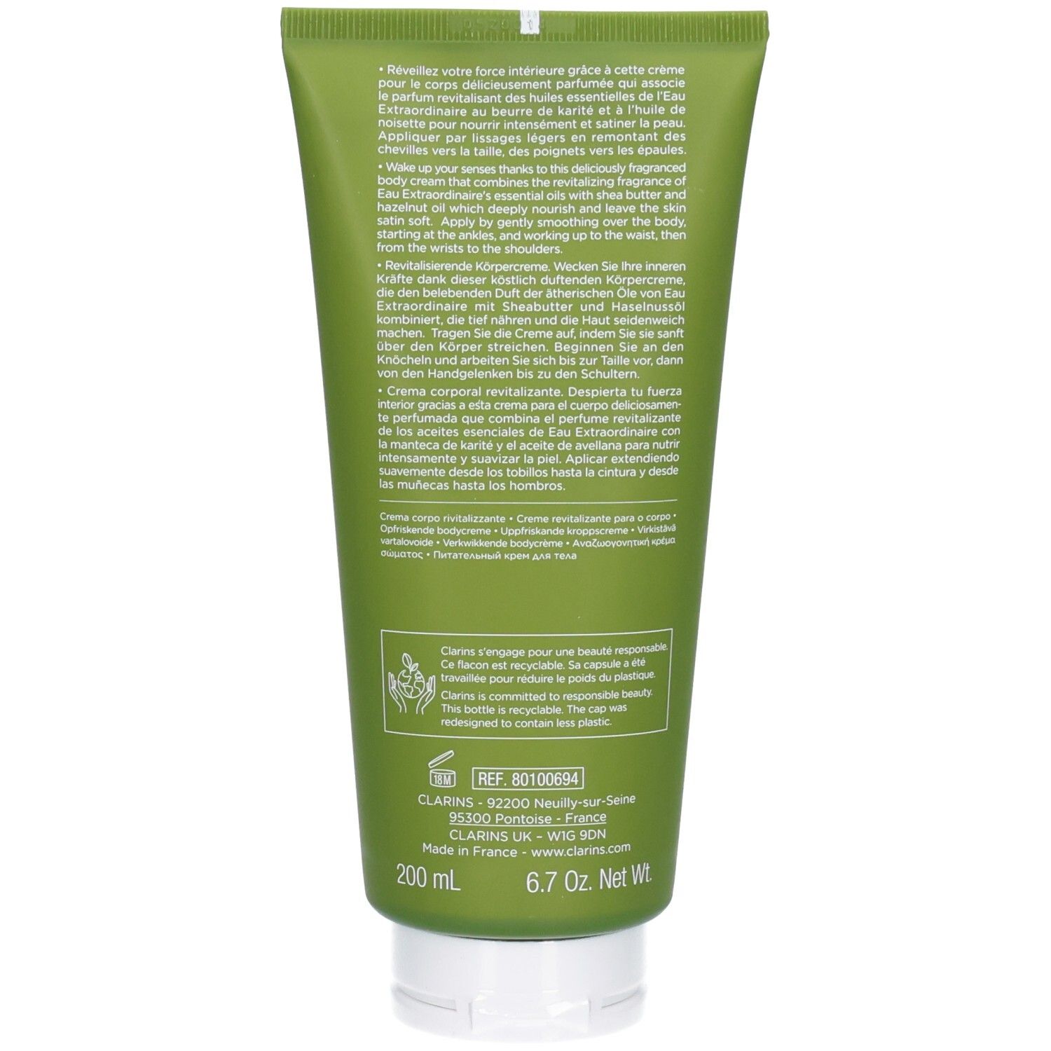 Arrière d'un tube vert Clarins Aroma Eau Extraordinaire Crème Corps, ingrédients et instructions.