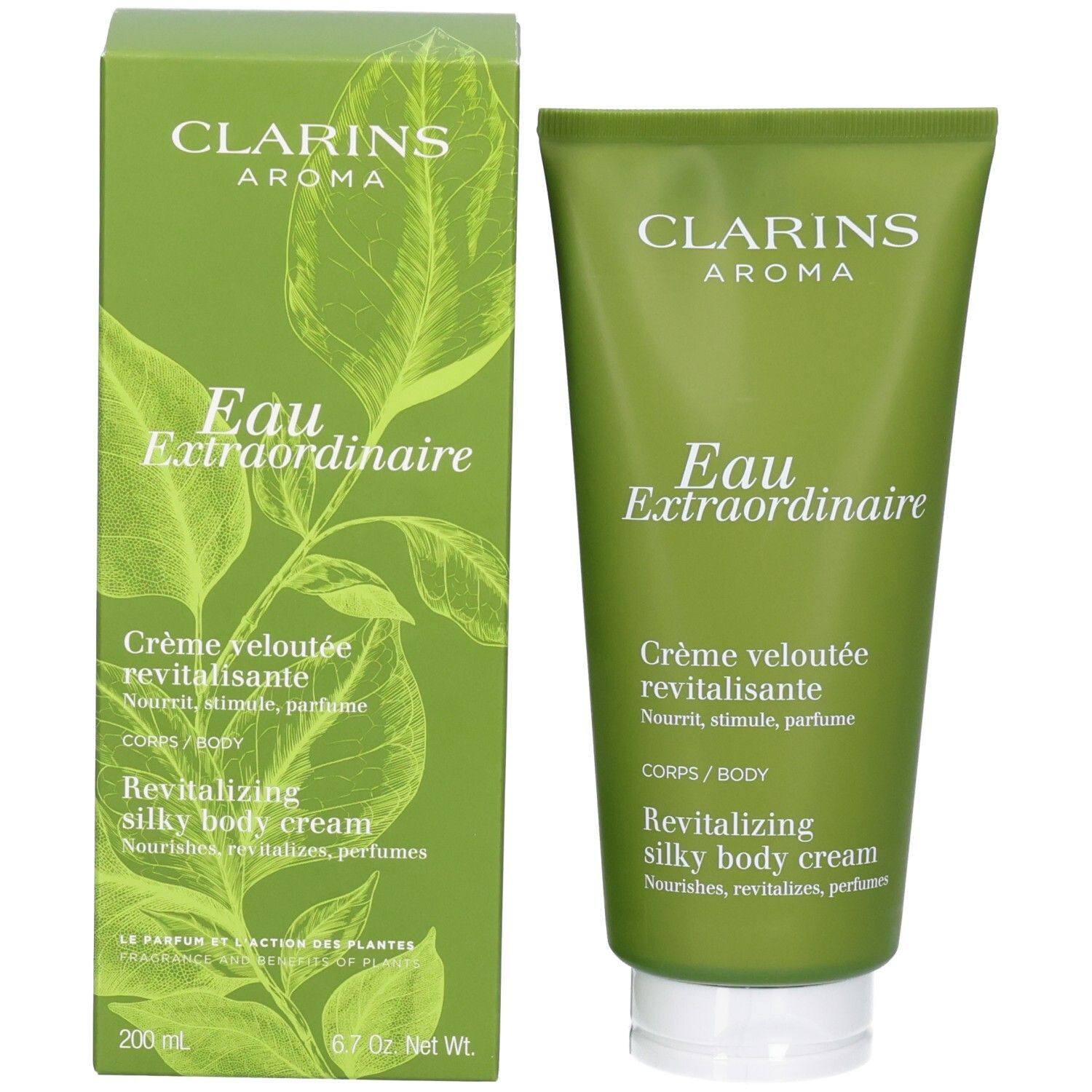 Tube vert et boîte Clarins Aroma Eau Extraordinaire Crème Veloutée Revitalisante.