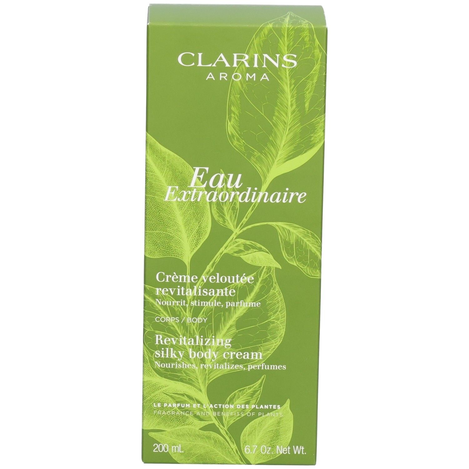 Boîte Clarins Aroma Eau Extraordinaire Crème Veloutée Revitalisante avec motif de feuilles.