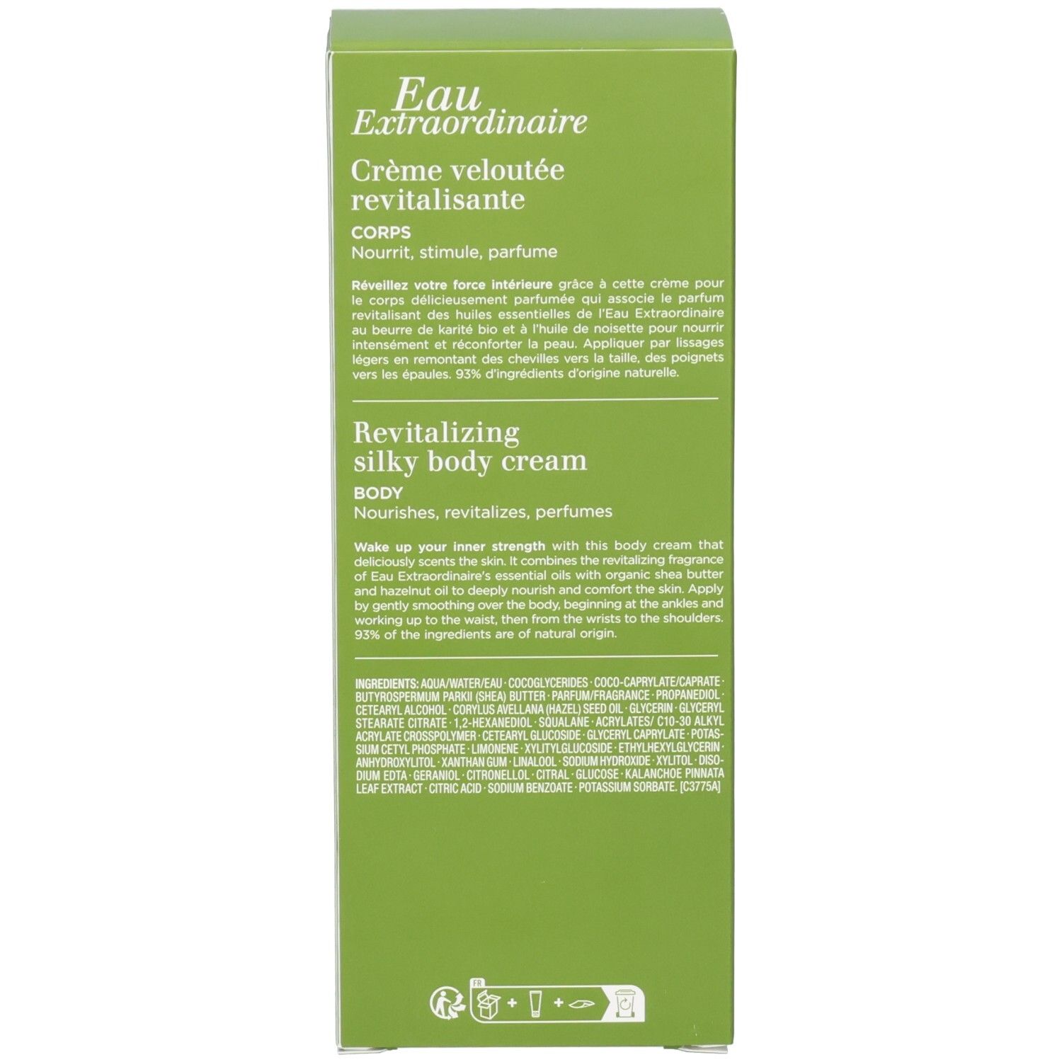 Arrière de la boîte Clarins Aroma Eau Extraordinaire Crème Corps, détails et ingrédients.