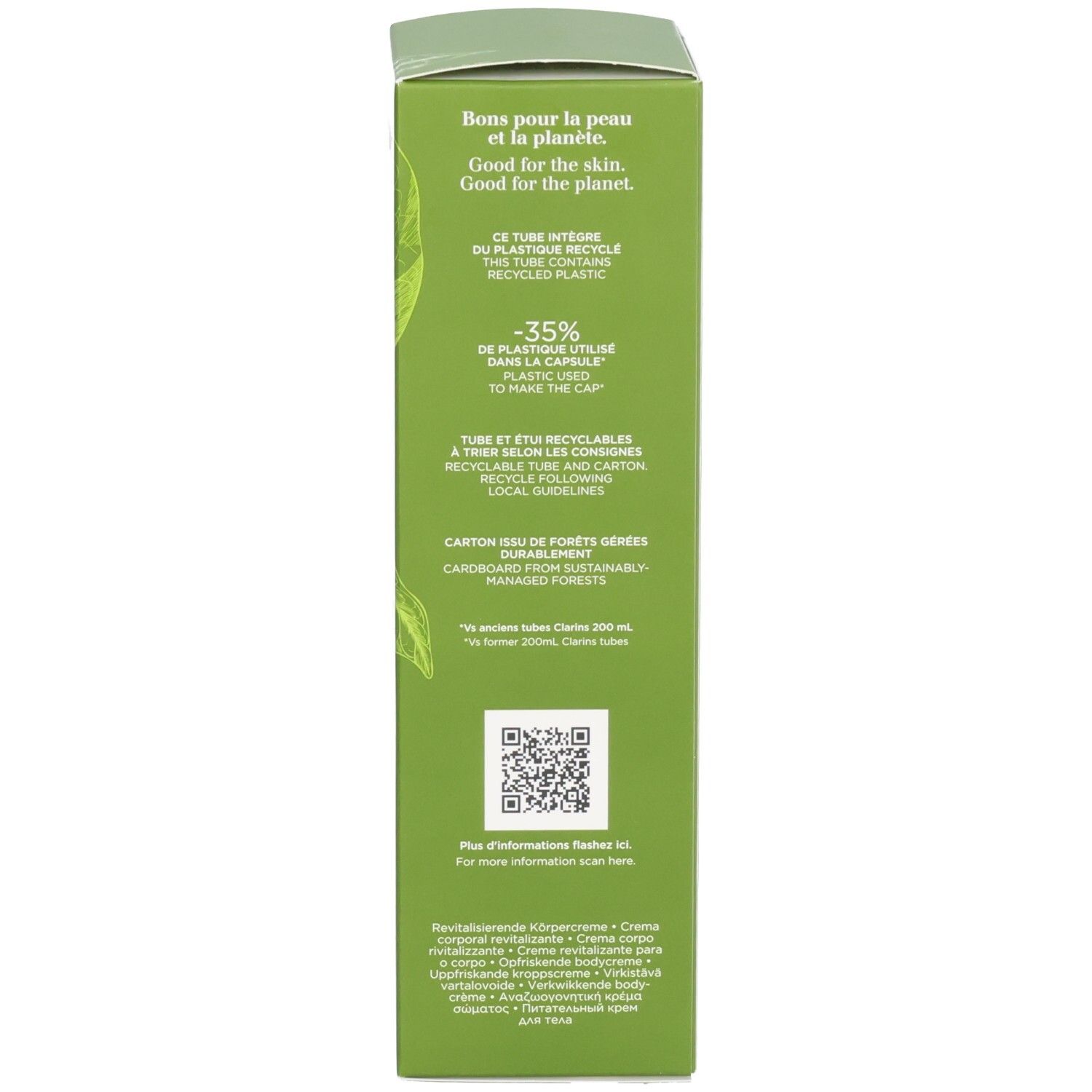 Côté de la boîte Clarins Aroma Eau Extraordinaire Crème Corps, informations sur le recyclage.