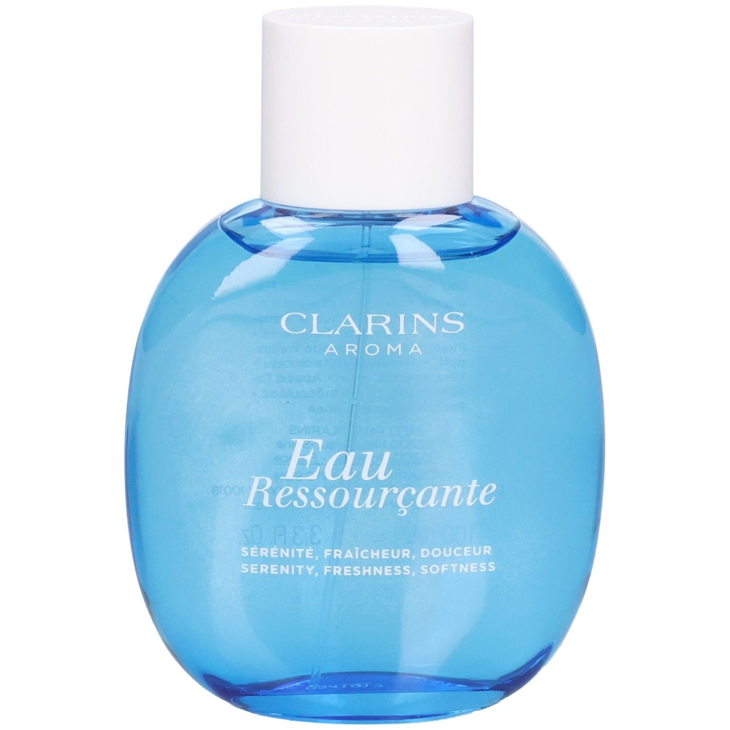 Flacon Clarins Eau Ressourçante avec bouchon blanc, rempli de liquide bleu.