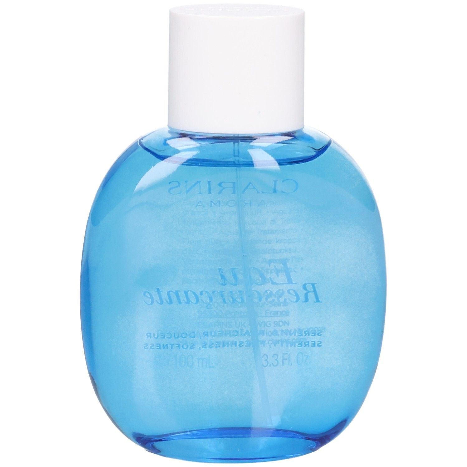 Arrière du flacon Clarins Eau Ressourçante avec liquide bleu et détails blancs.