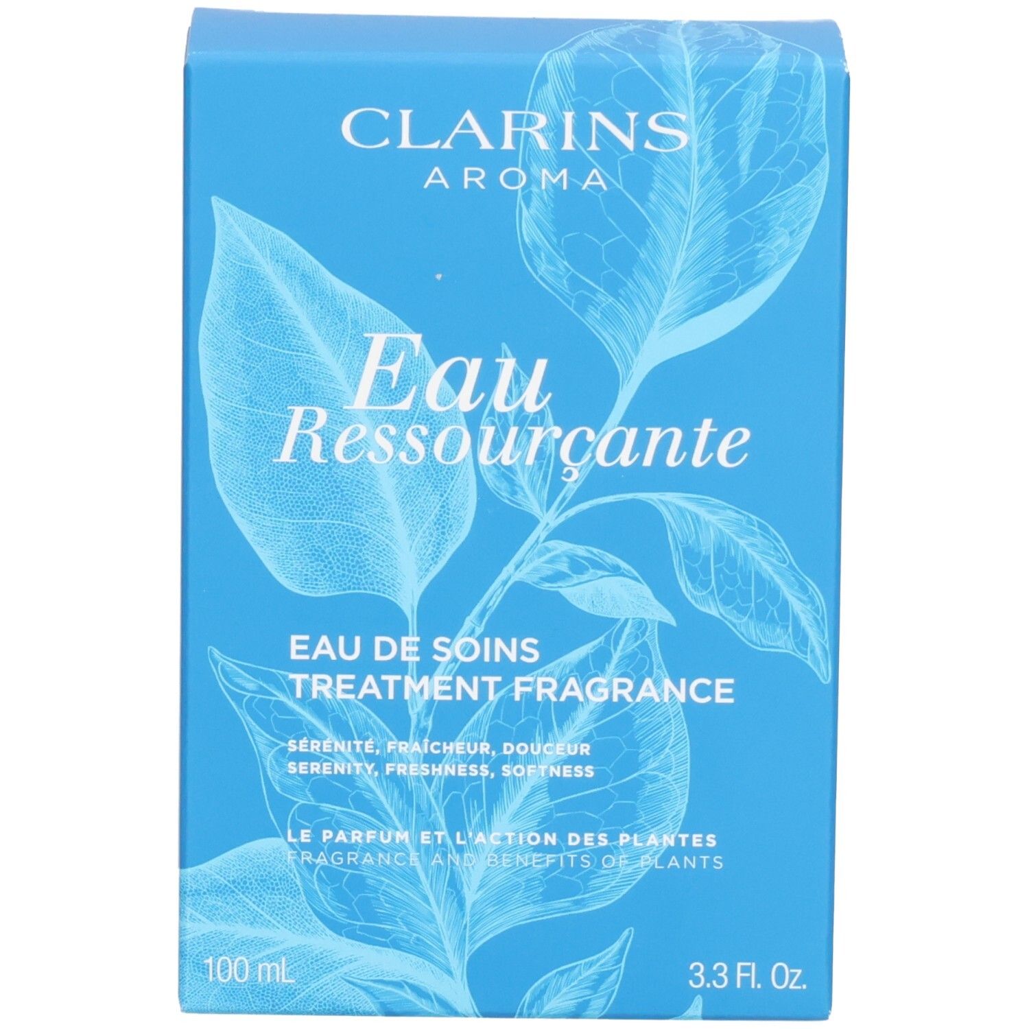 Boîte bleue Clarins Eau Ressourçante avec motif de feuilles et informations produit.
