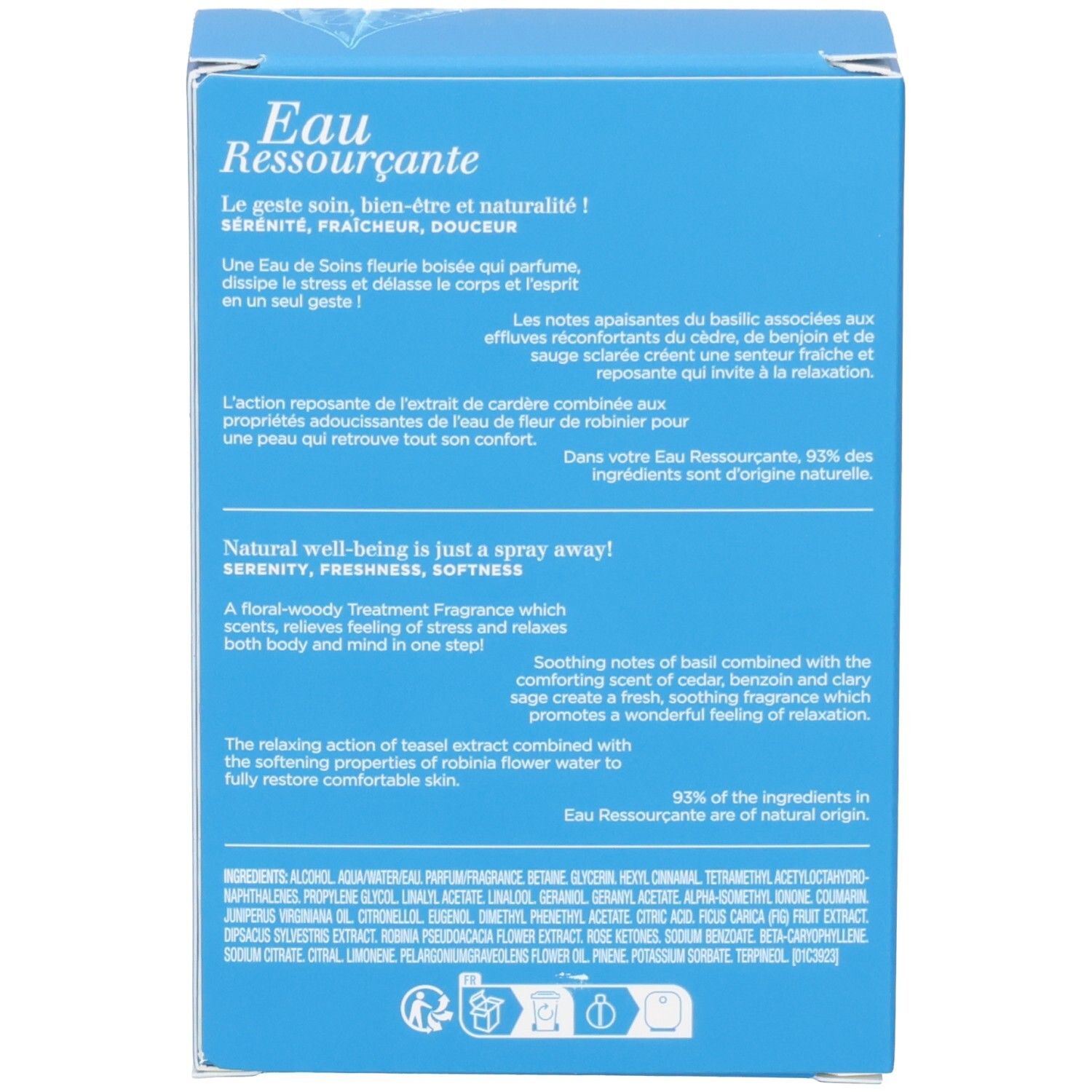 Côté de la boîte Clarins Eau Ressourçante avec informations détaillées sur le produit et texte.