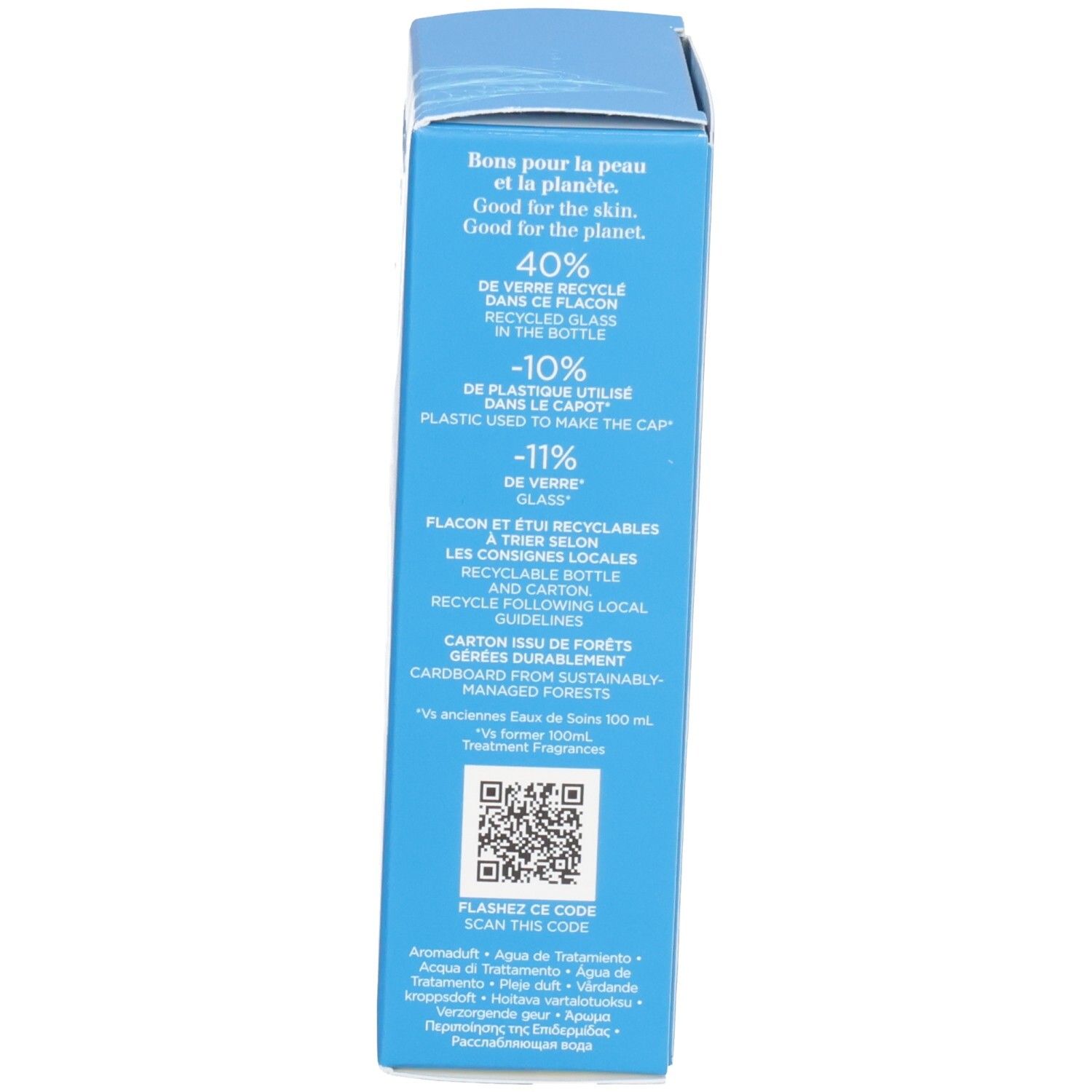 Côté de la boîte Clarins Eau Ressourçante avec informations sur le recyclage et code QR.