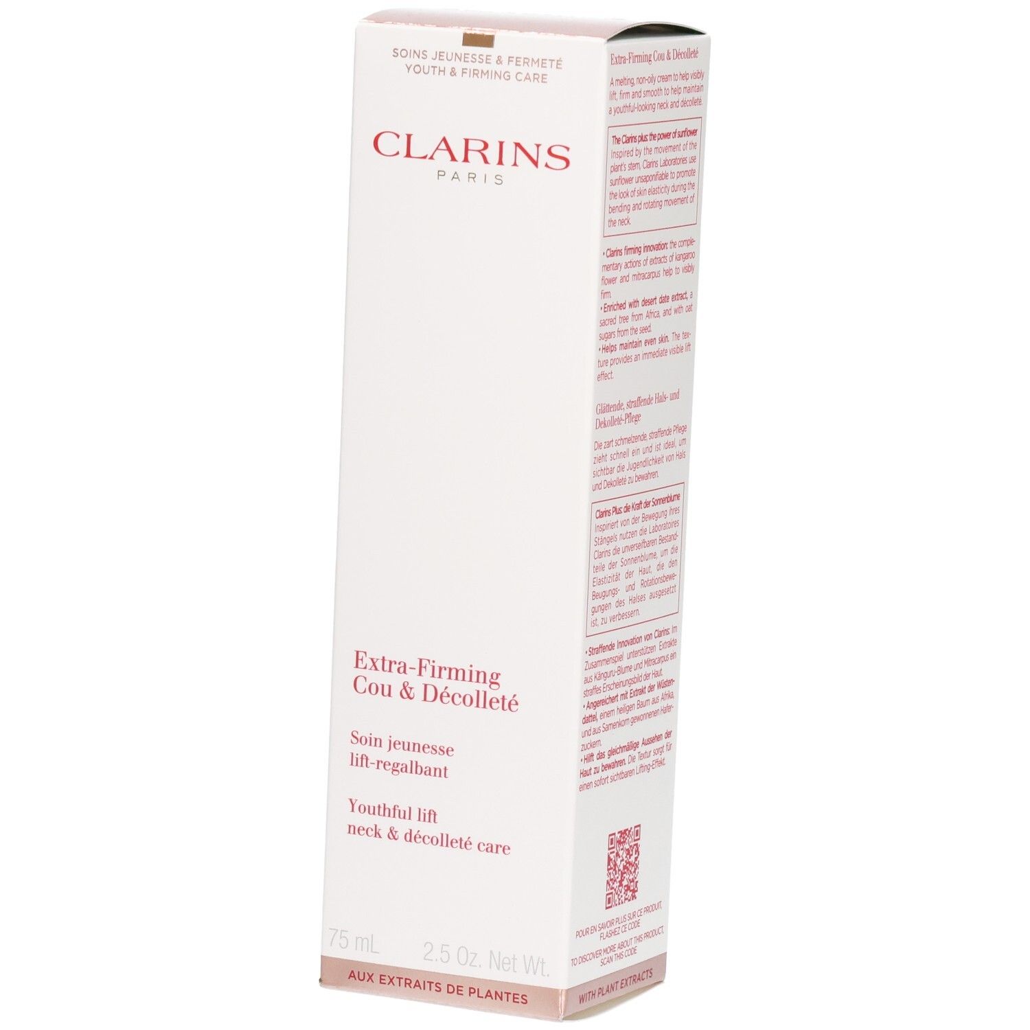 Emballage Clarins Extra-Firming Cou & Decollete avec informations produit et nom de marque.