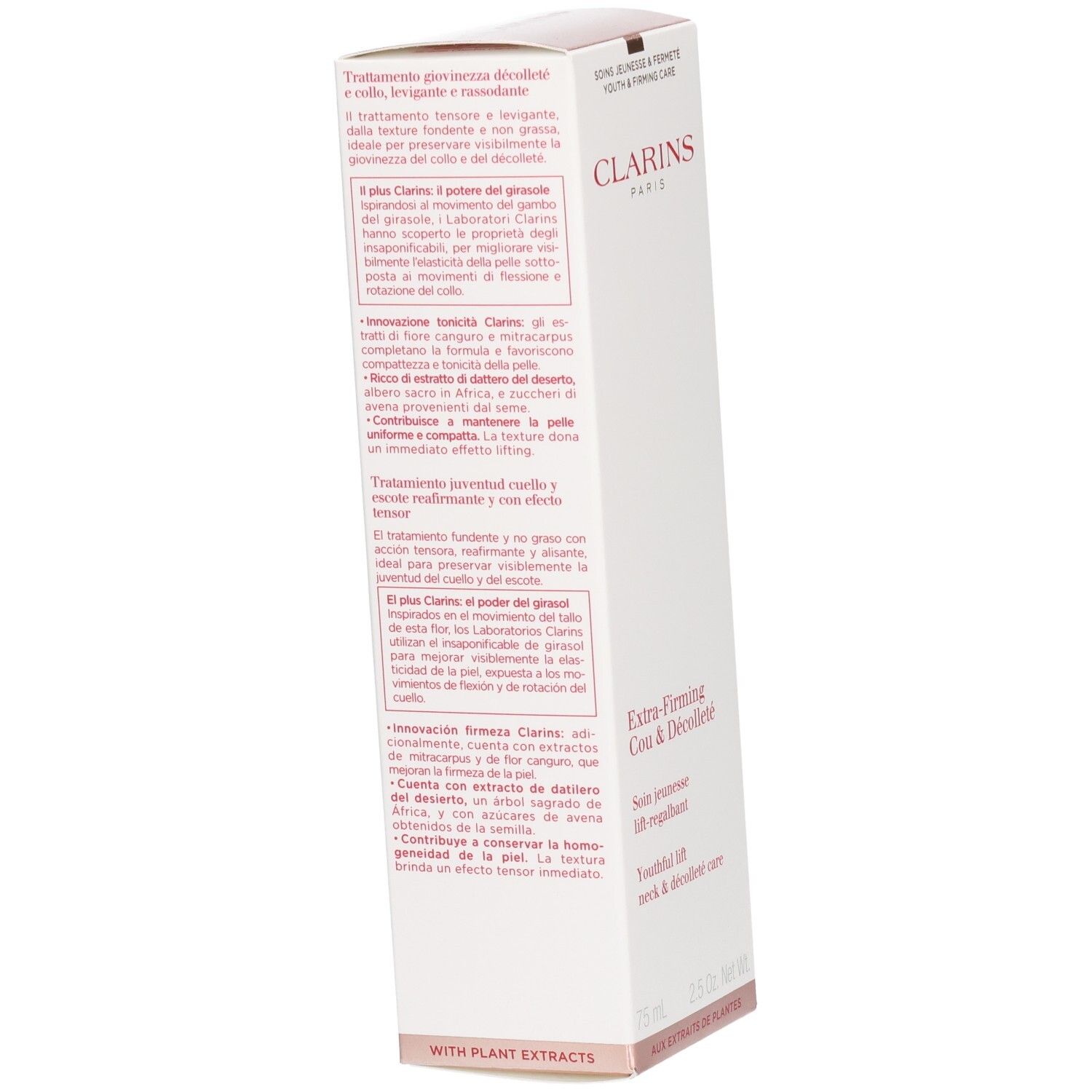 Emballage Clarins Extra-Firming Cou & Decollete, verso avec instructions d'application détaillées.