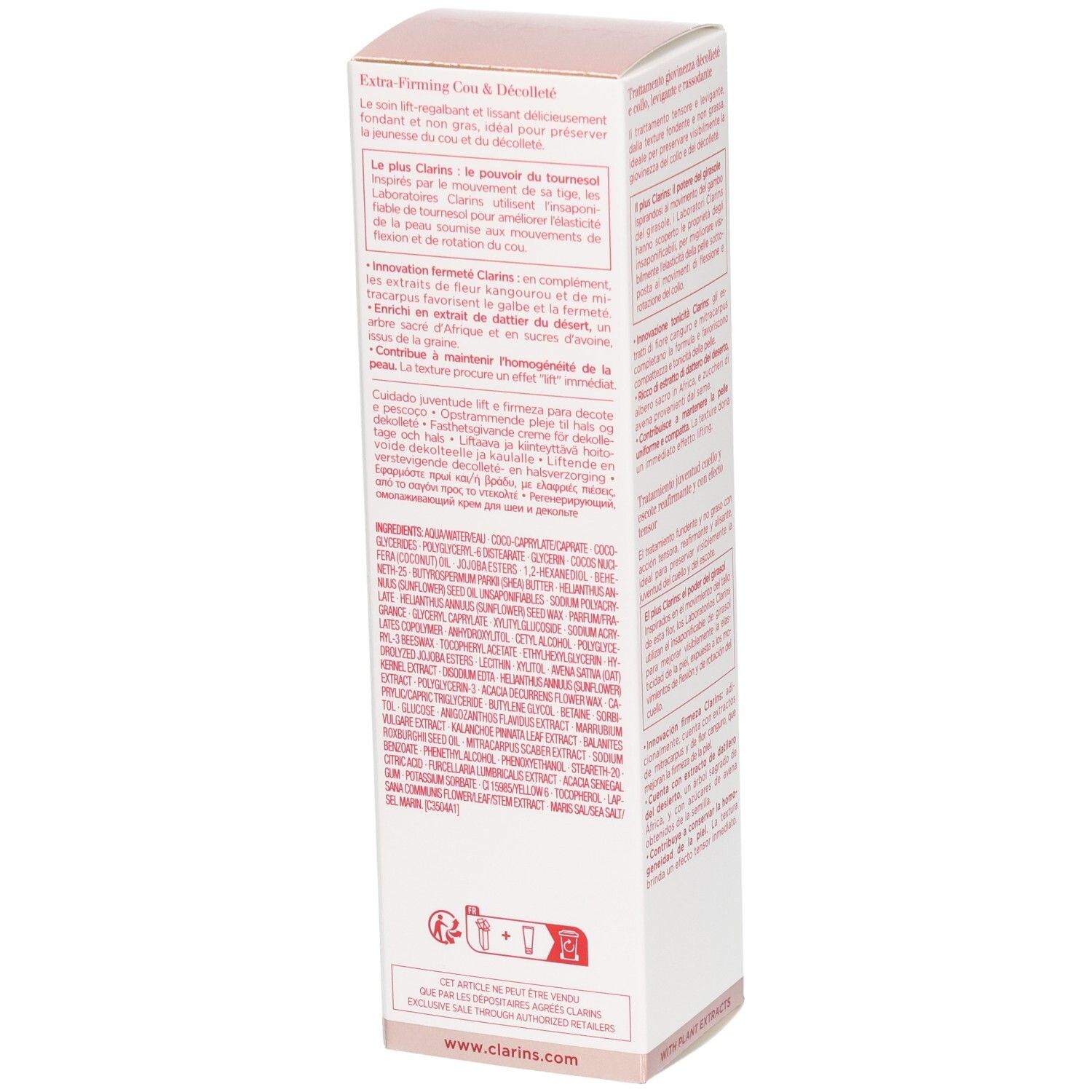 Emballage Clarins Extra-Firming Cou & Decollete, vue latérale avec liste d'ingrédients et code-barres.