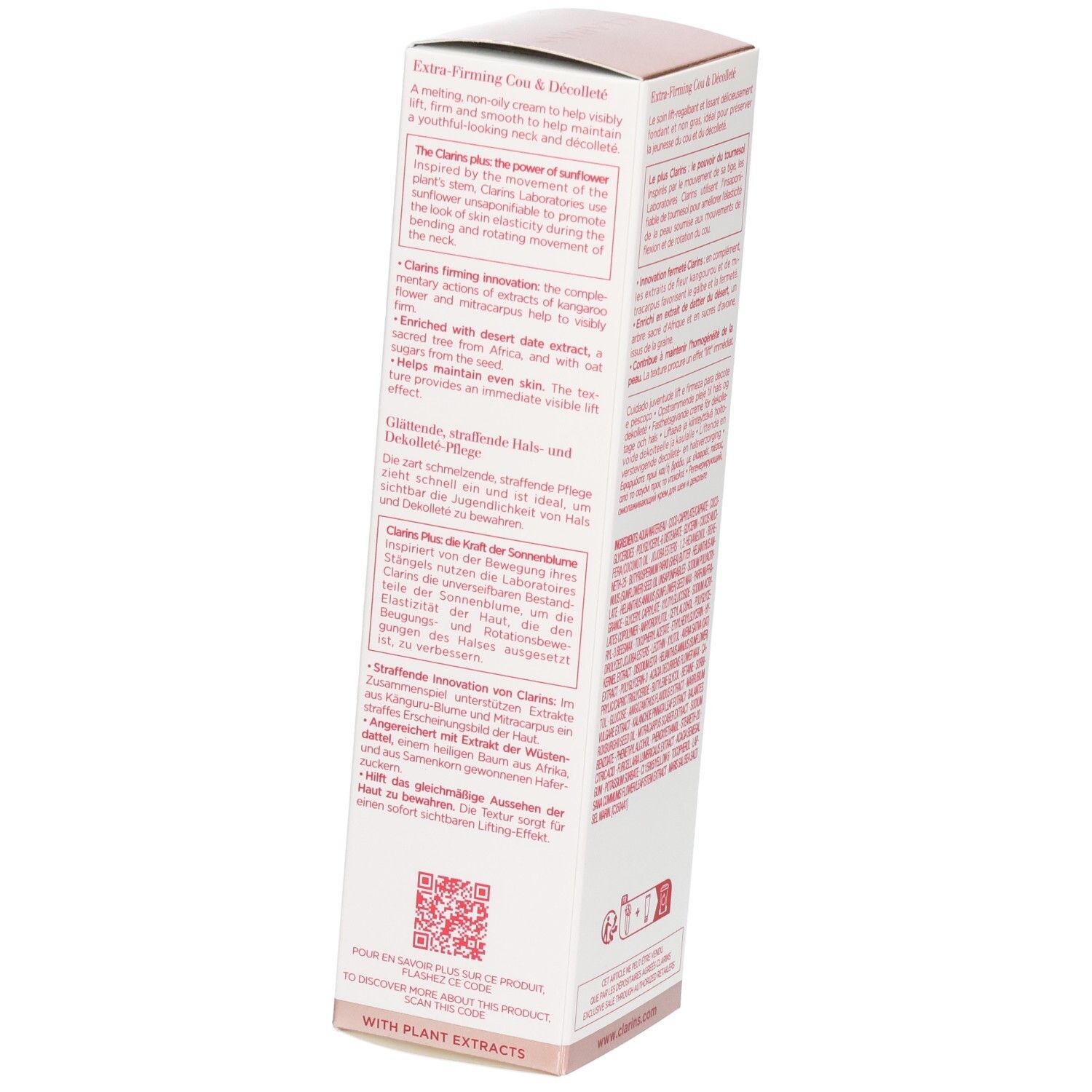 Emballage Clarins Extra-Firming Cou & Decollete, face avant avec nom du produit et description.
