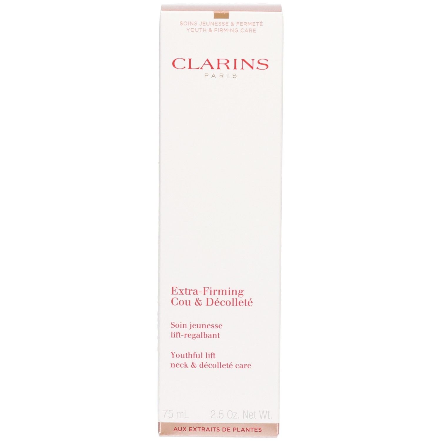 Emballage Clarins Extra-Firming Cou & Decollete, face avant avec nom du produit et nom de marque.
