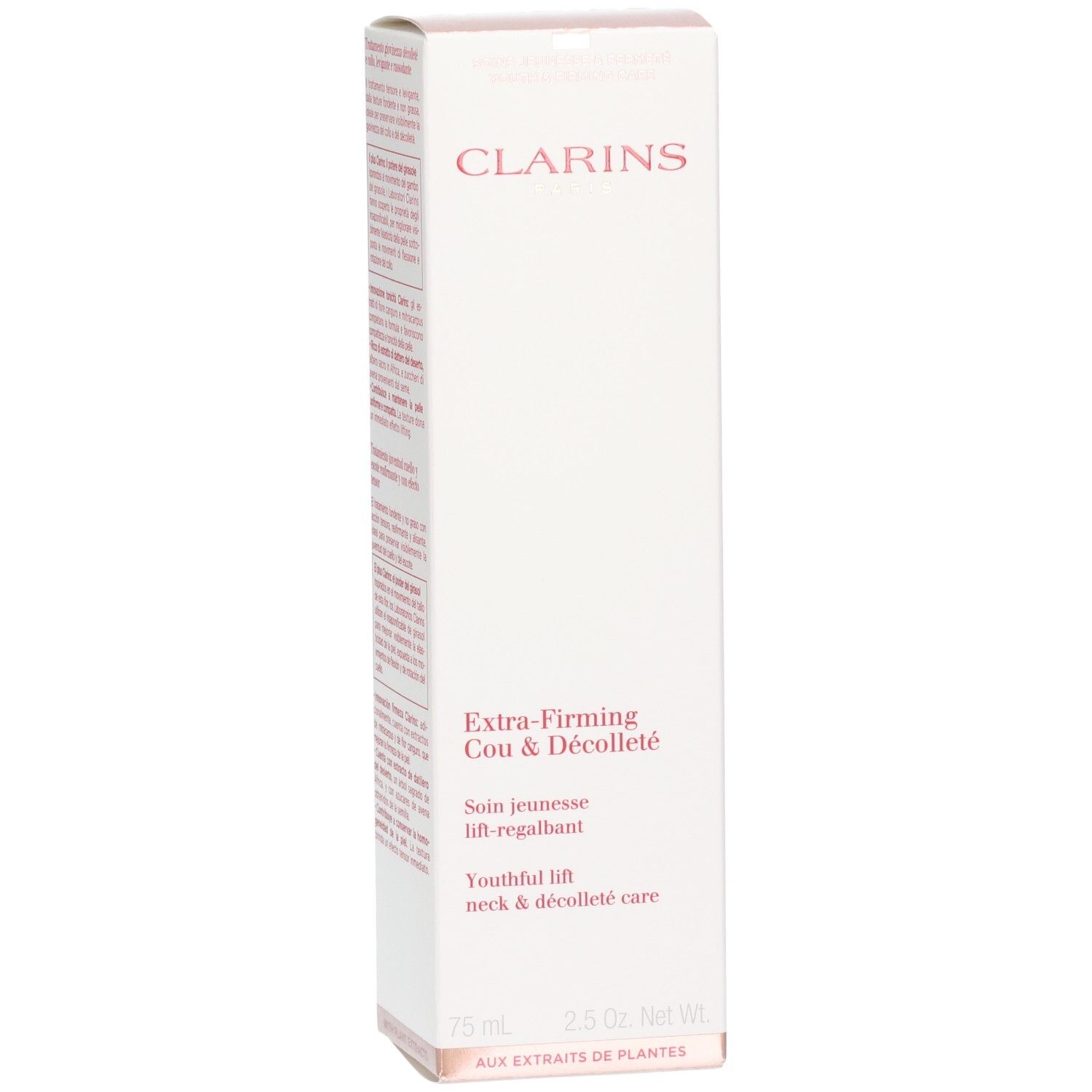 Emballage Clarins Extra-Firming Cou & Decollete, face avant avec nom du produit et nom de marque.
