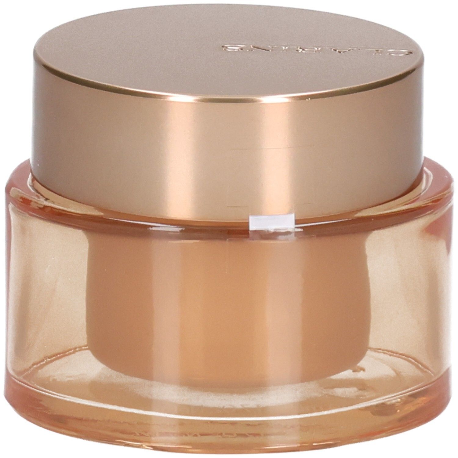 Clarins Extra-Firming Jour crème de jour, vue avant gauche d'un pot en verre avec un couvercle doré.