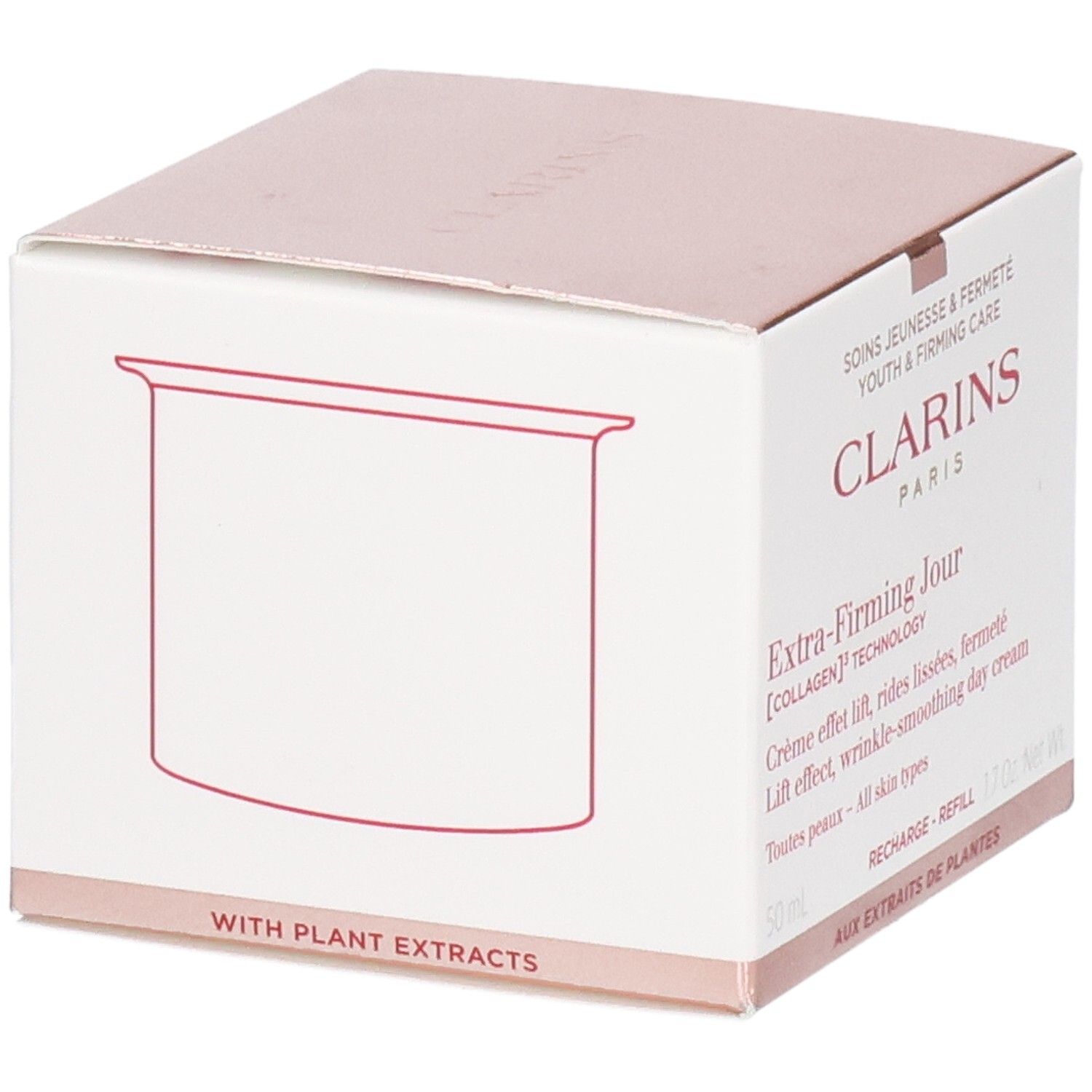 Emballage de la crème de jour Clarins Extra-Firming Jour avec schéma du pot.