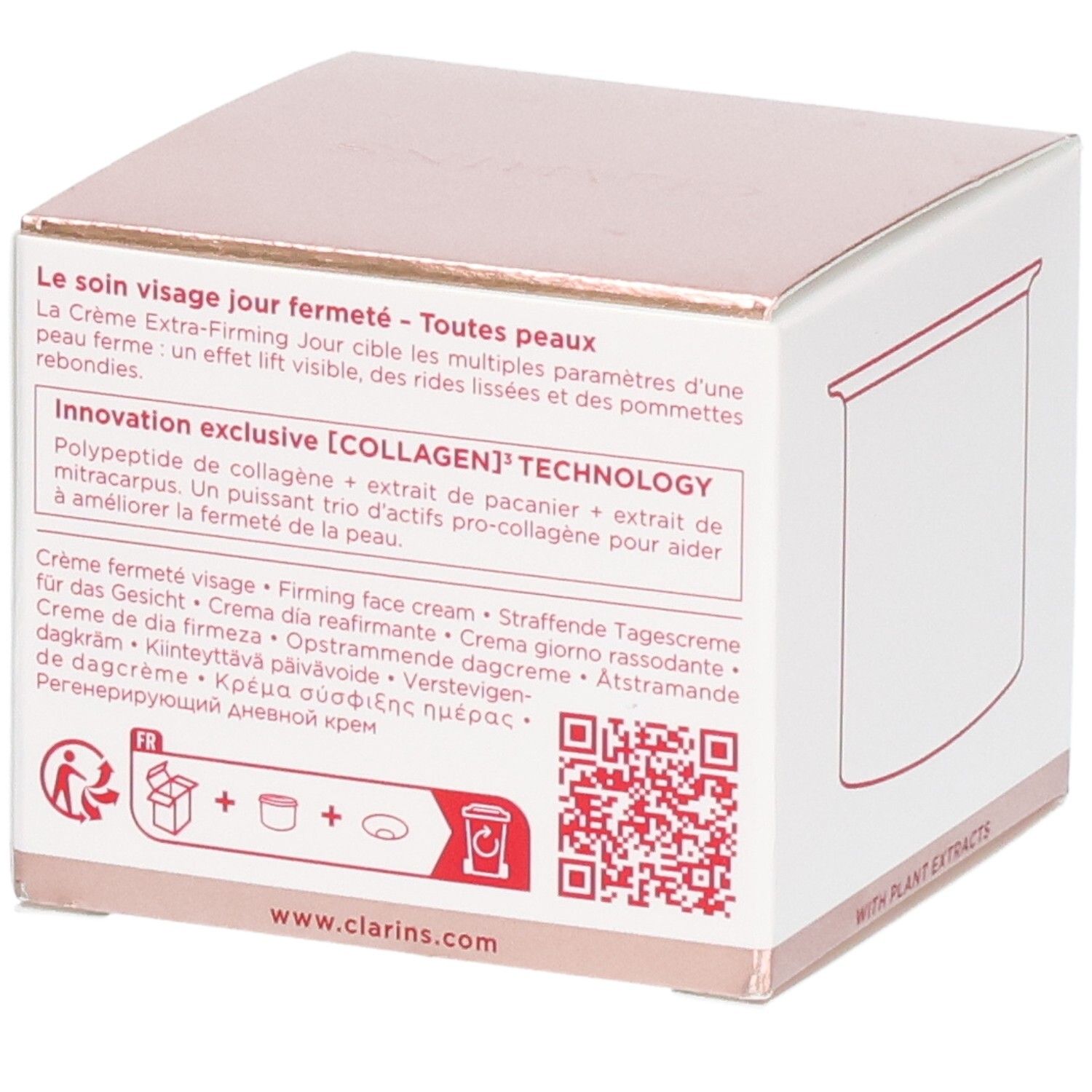 Arrière de l'emballage Clarins Extra-Firming Jour avec informations produit et QR code.