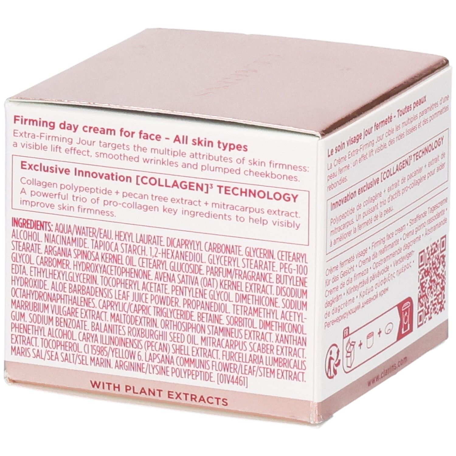 Emballage Clarins Extra-Firming Jour avec liste d'ingrédients et instructions.