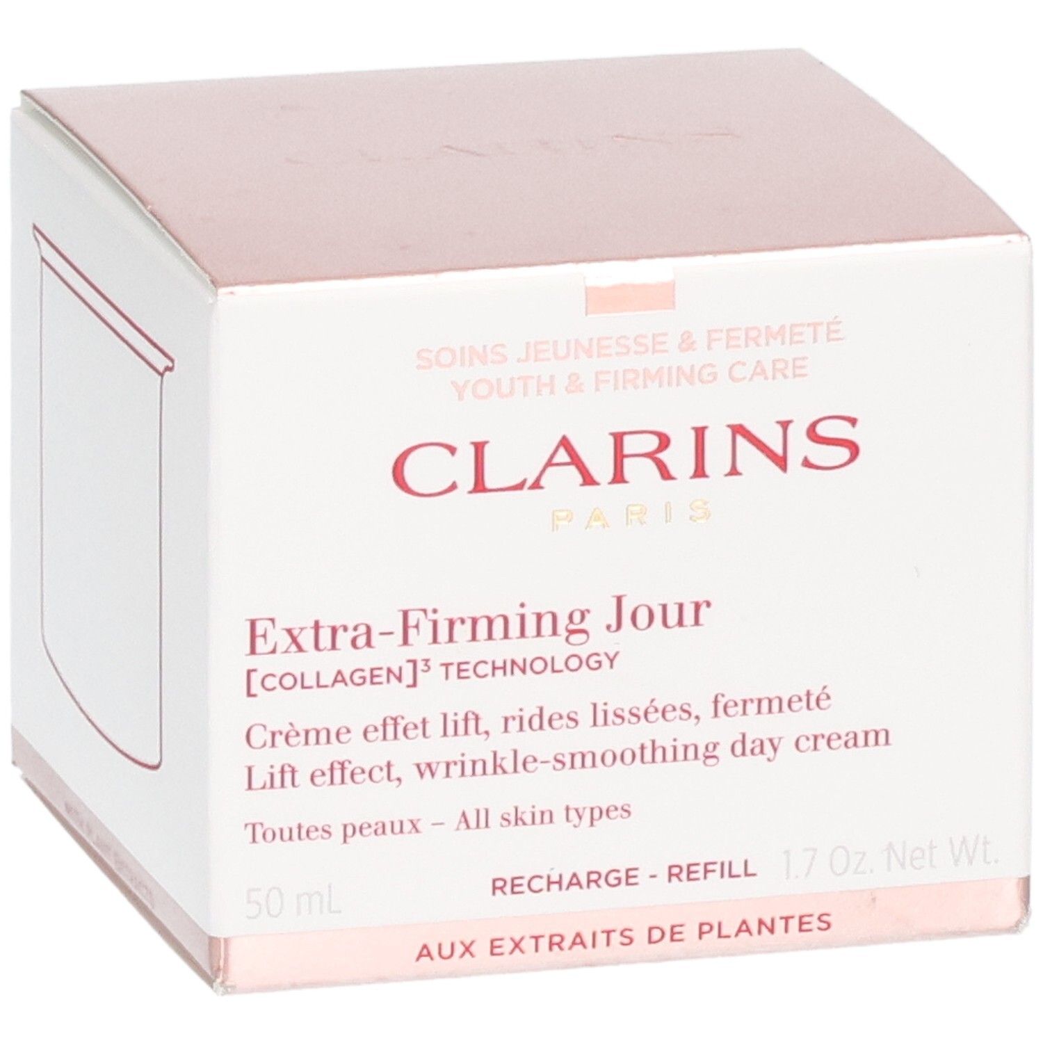 Emballage recharge Clarins Extra-Firming Jour avec schéma du pot.