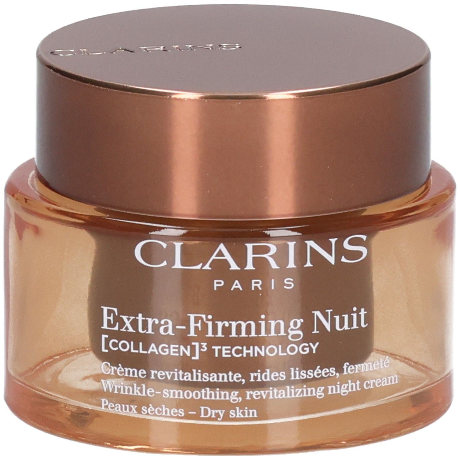 Pot Clarins Extra-Firming Nuit avec couvercle couleur cuivre.