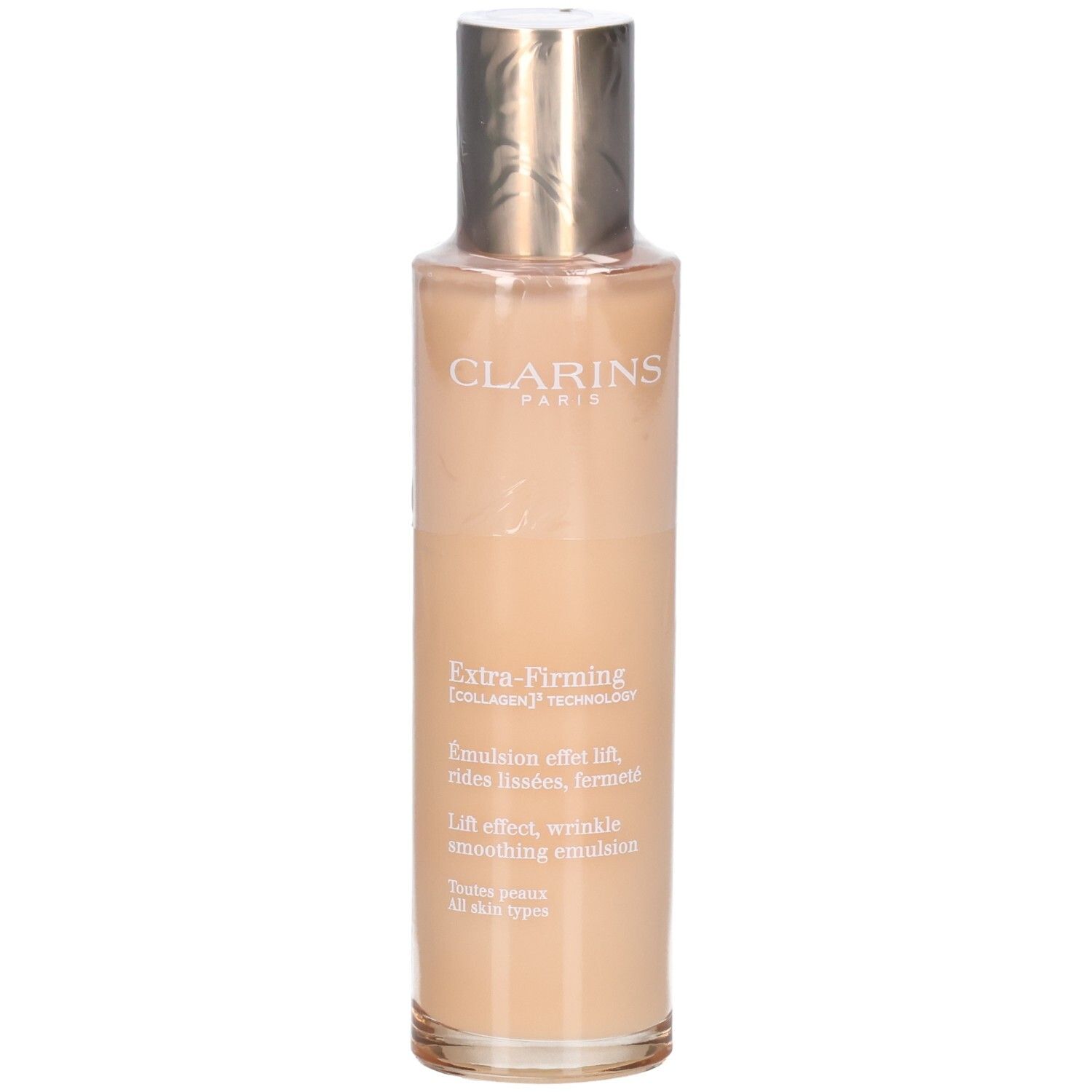 Flacon Clarins Extra-Firming Emulsion avec bouchon doré. Lotion lisse et claire.