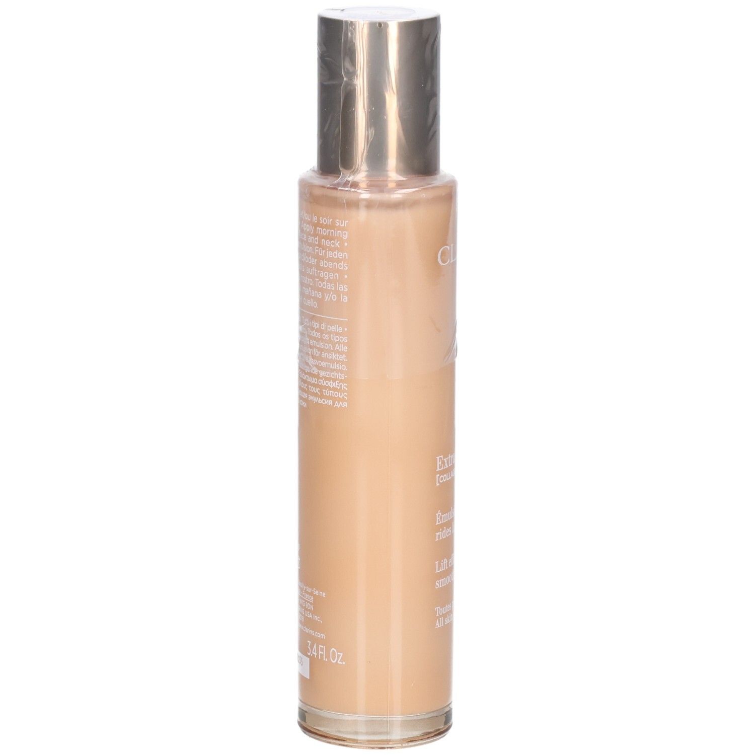 Flacon Clarins Extra-Firming Emulsion, vue de côté. Contient des informations textuelles.