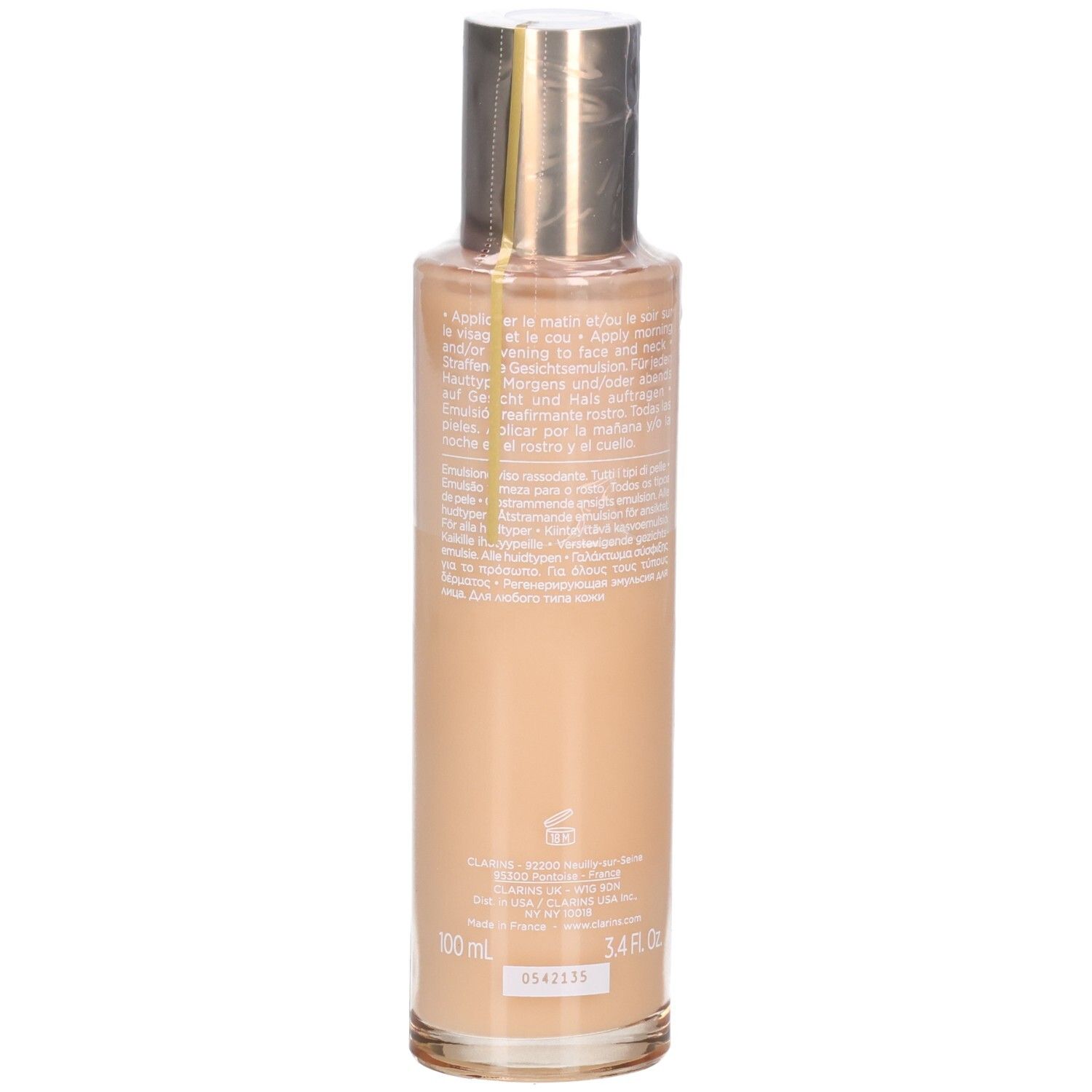 Flacon Clarins Extra-Firming Emulsion, verso. Contient du texte et indication 100ml.