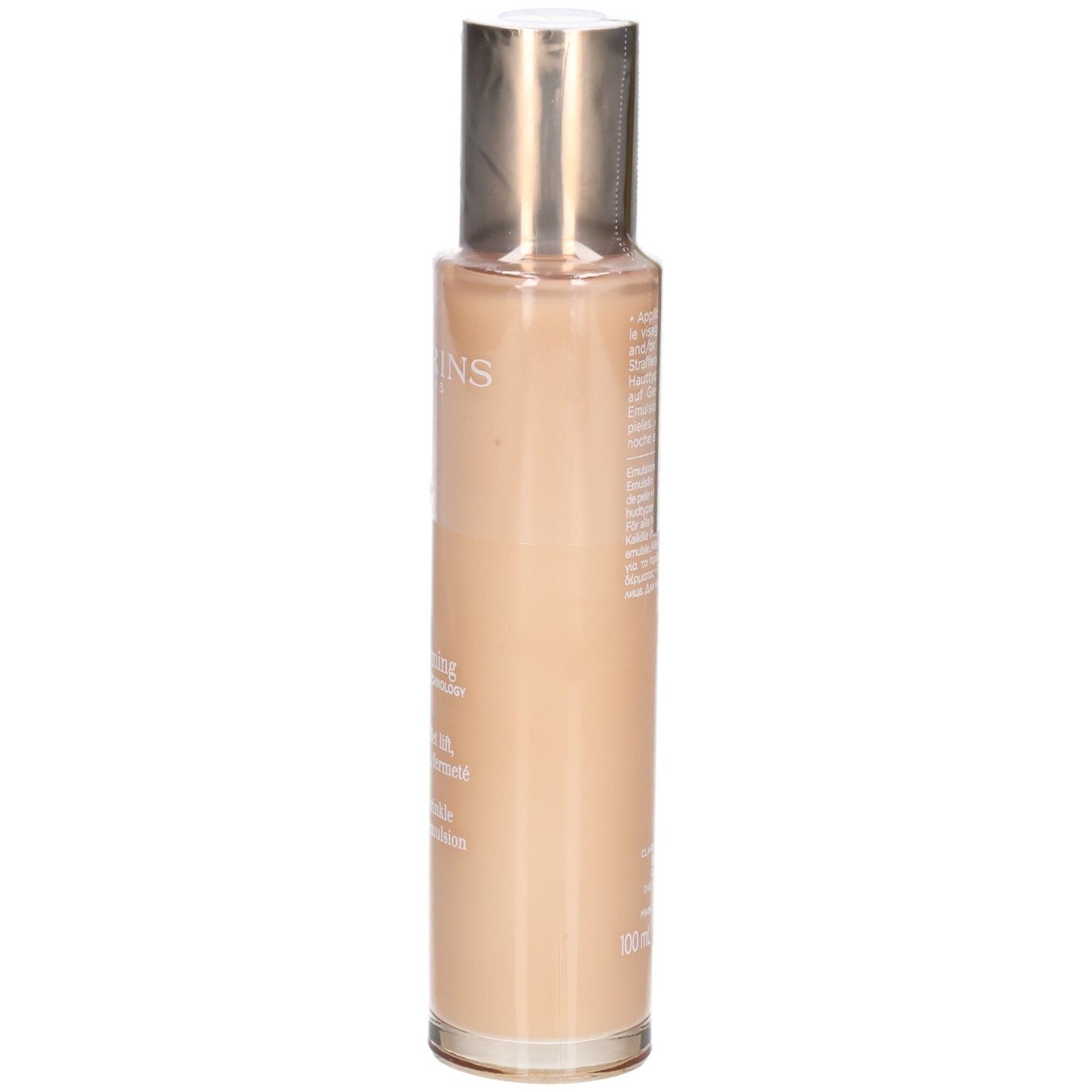 Flacon Clarins Extra-Firming Emulsion, vue de côté. Lotion lisse et claire.