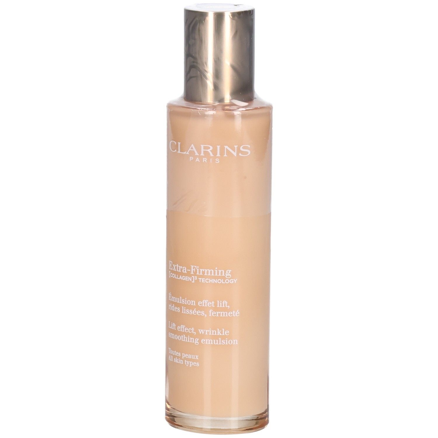 Flacon Clarins Extra-Firming Emulsion avec bouchon doré. Lotion lisse et claire.