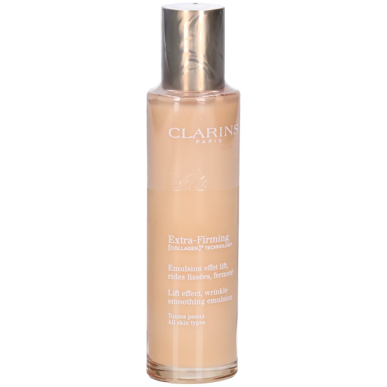 Flacon Clarins Extra-Firming Emulsion avec bouchon doré. Lotion lisse et claire.