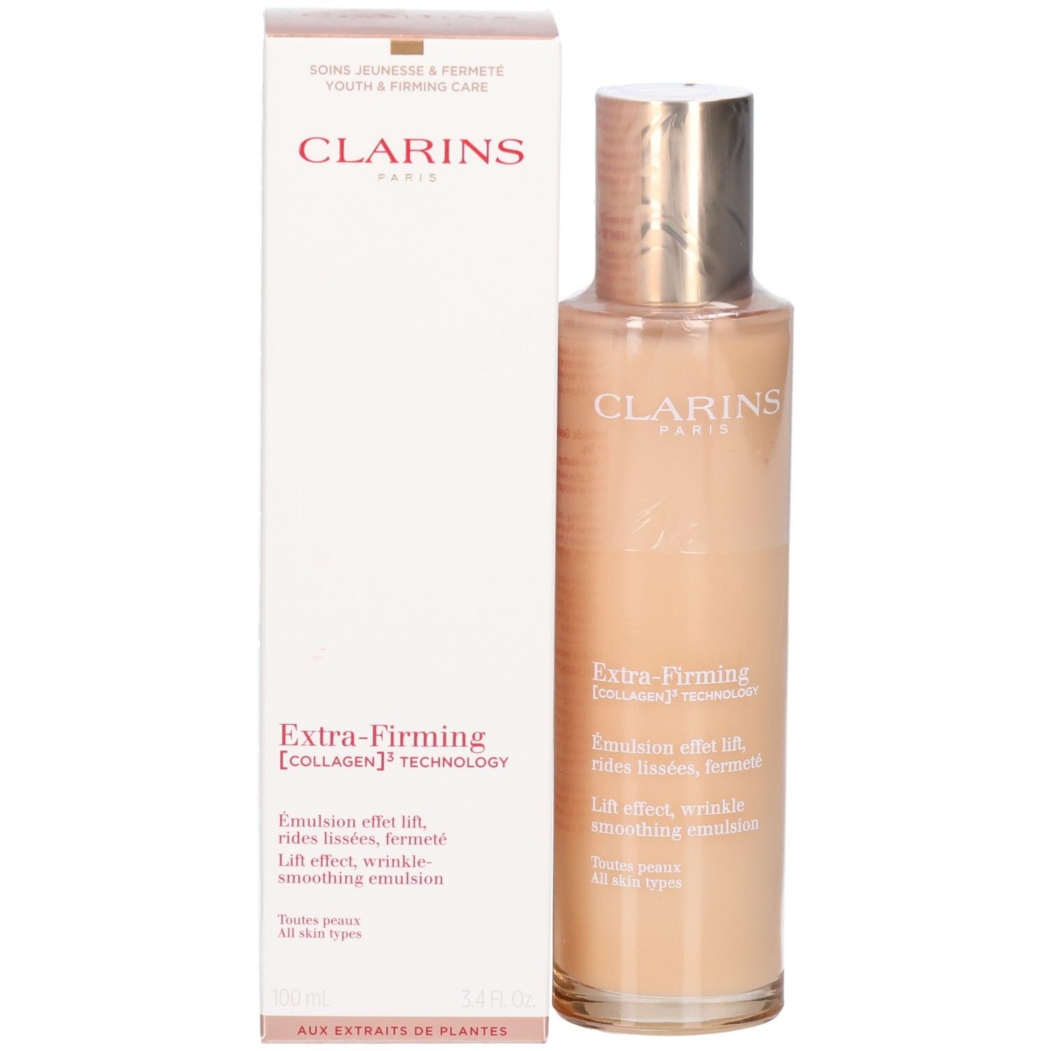 Flacon et emballage Clarins Extra-Firming Emulsion. Texte en allemand et anglais.