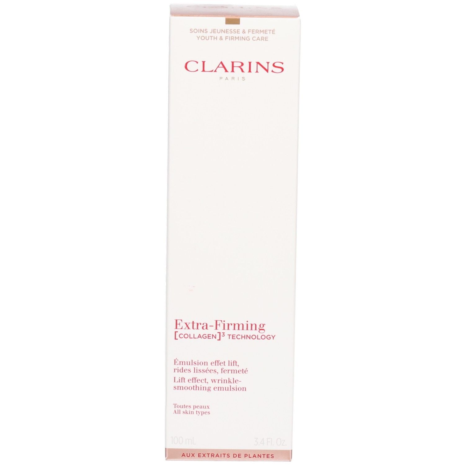 Emballage Clarins Extra-Firming Emulsion. Texte en allemand et anglais.