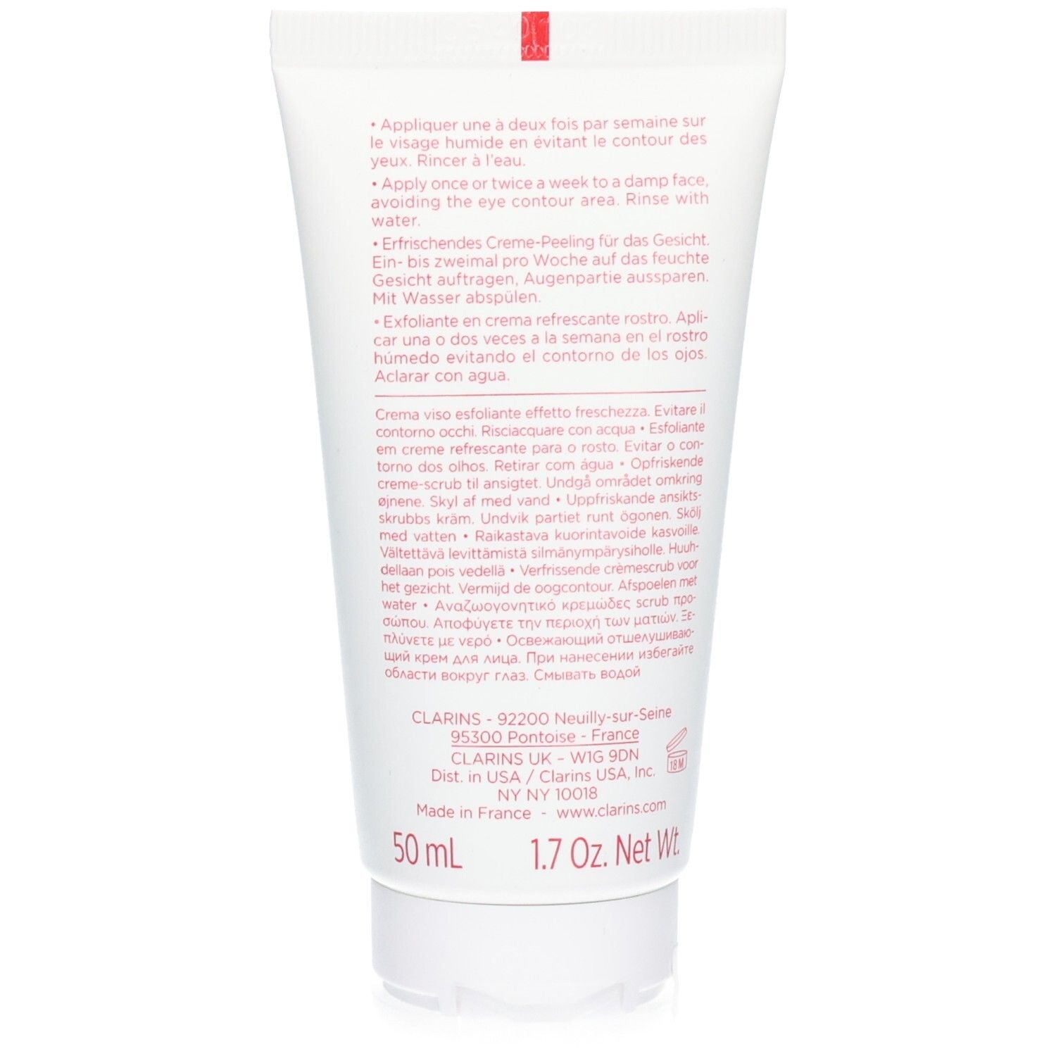 Dos de la tube Clarins Fresh Scrub : Instructions d'utilisation et ingrédients.