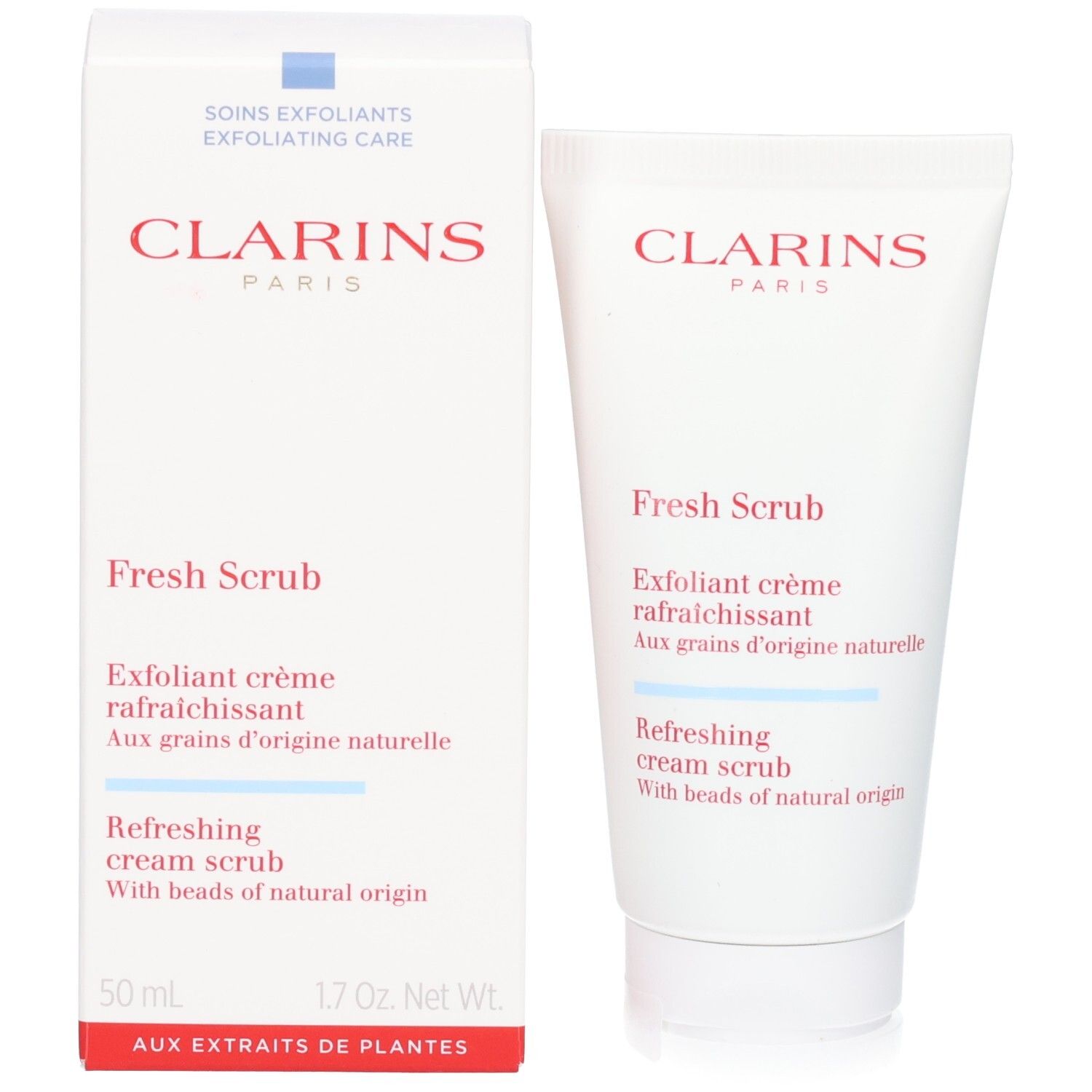 Tube et boîte Clarins Fresh Scrub : Gommage crème rafraîchissant.