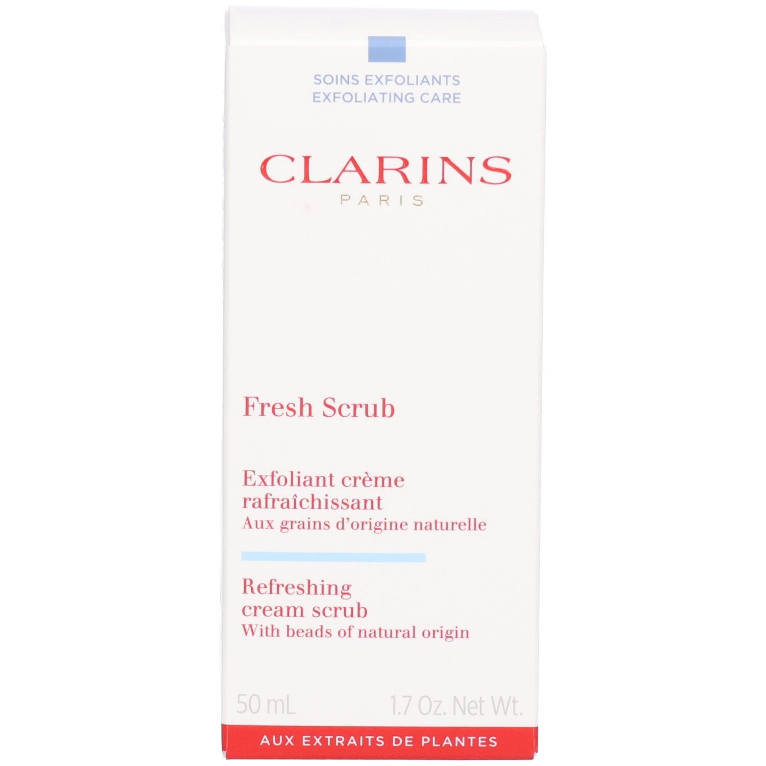 Boîte Clarins Fresh Scrub : Gommage crème rafraîchissant aux extraits de plantes.