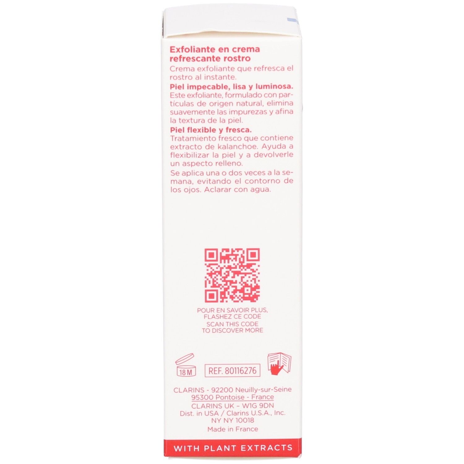 Côté de la boîte Clarins Fresh Scrub : Description du gommage visage.