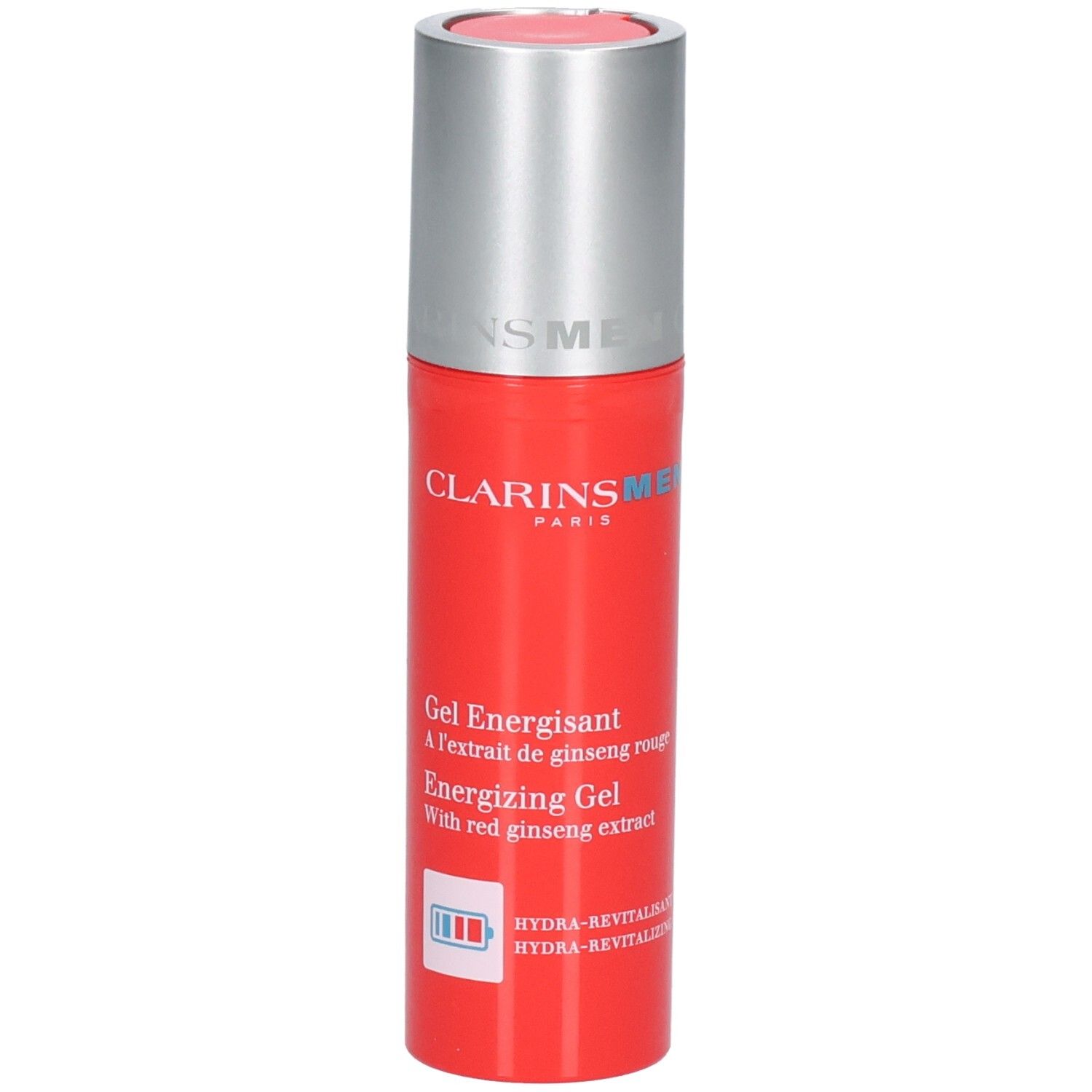 Bouteille Clarins Men Gel Énergisant avec bouchon distributeur argenté. Bouteille rouge avec texte blanc et bleu.