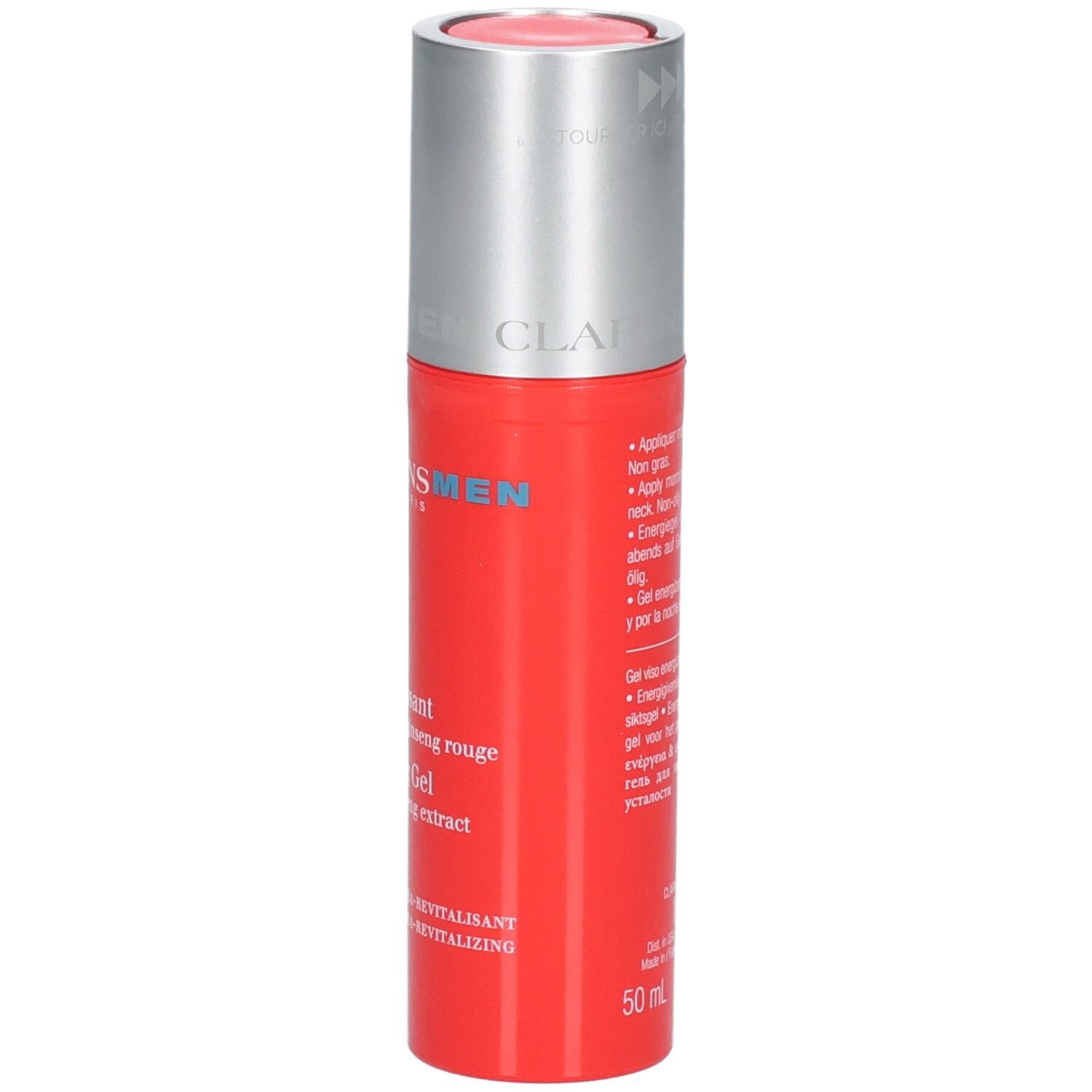 Bouteille Clarins Men Gel Énergisant avec bouchon distributeur argenté. Bouteille rouge avec texte blanc et bleu.