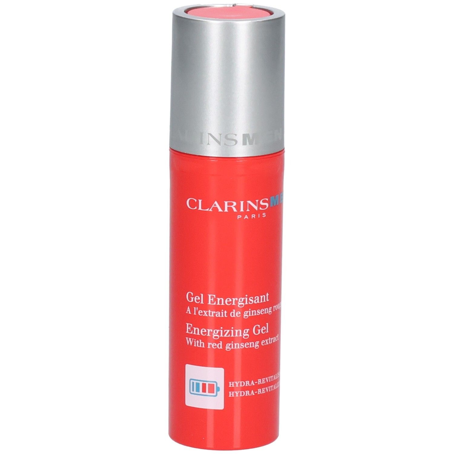 Bouteille Clarins Men Gel Énergisant avec bouchon distributeur argenté. Bouteille rouge avec texte blanc et bleu.