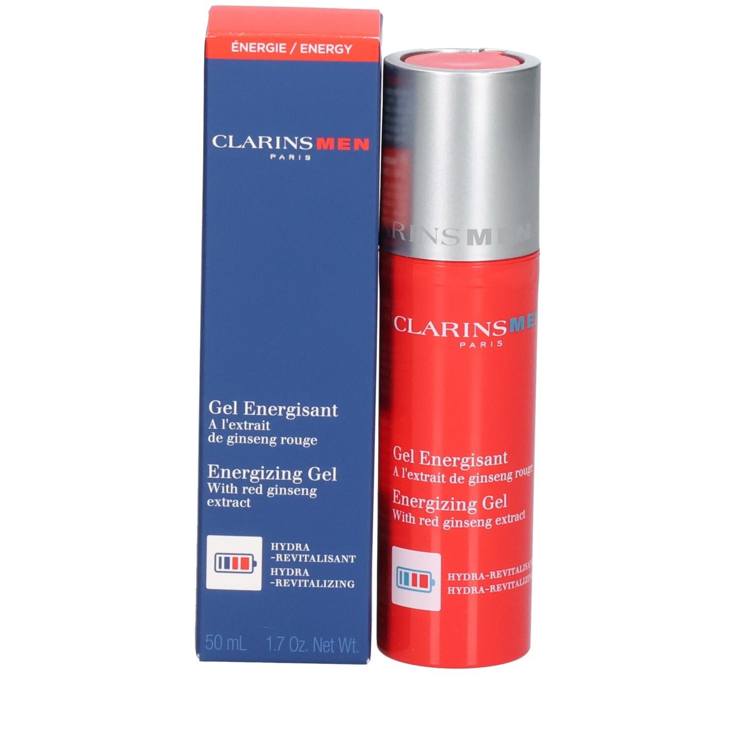 Bouteille et emballage Clarins Men Gel Énergisant. Bouteille rouge avec bouchon argenté, boîte bleue avec texte.