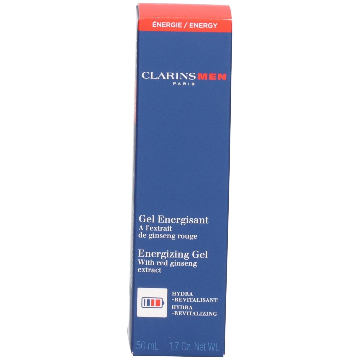 Emballage Clarins Men Gel Énergisant. Boîte bleue avec texte rouge et blanc, affichant les informations sur le produit.