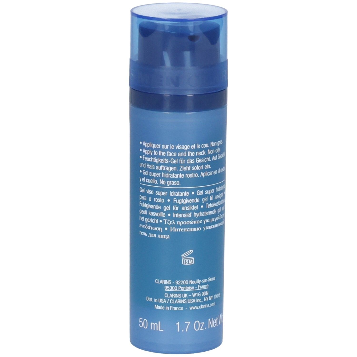 Clarins Men: Flacon de gel hydratant 50 ml. Arrière avec instructions et indication de volume.