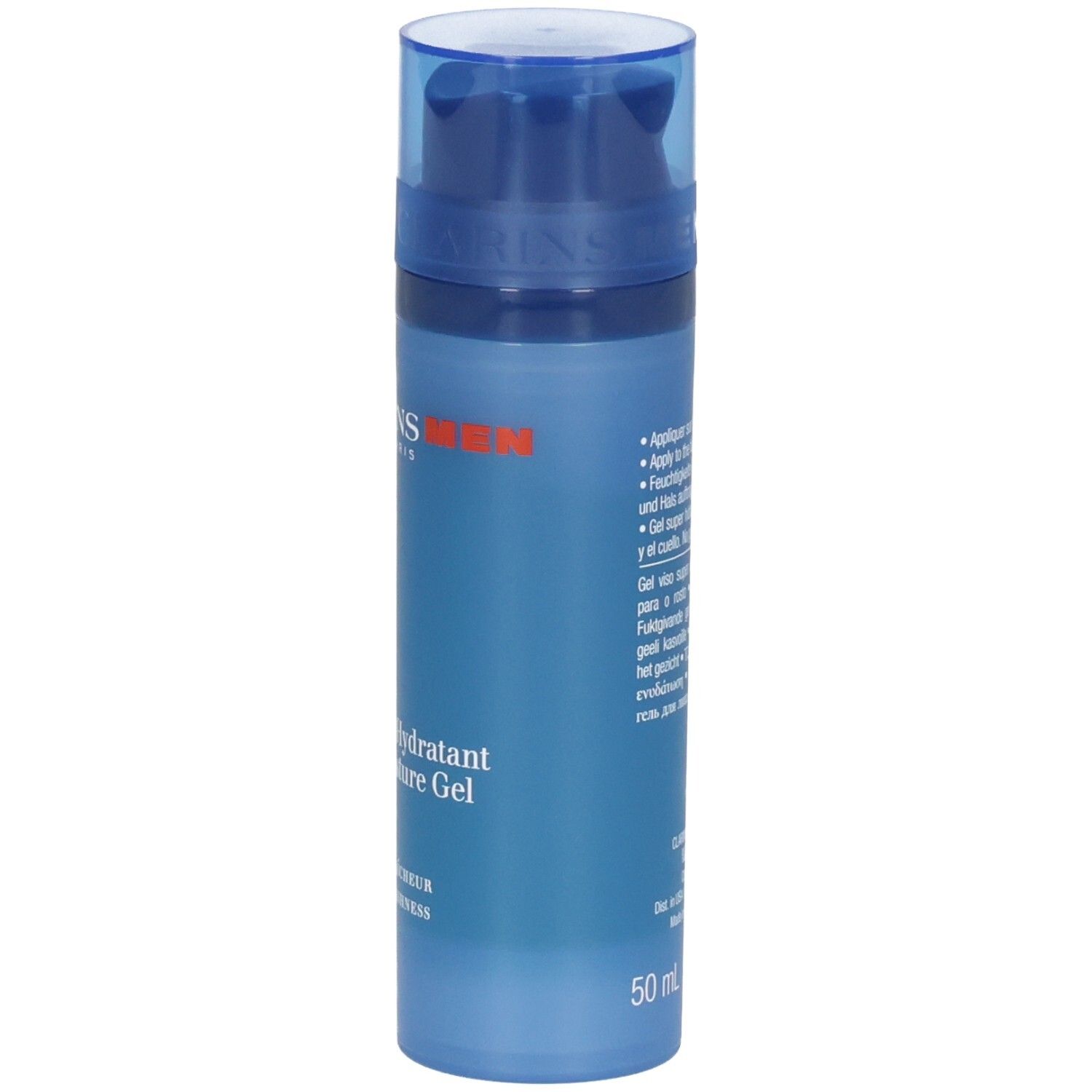 Clarins Men: Gel hydratant avec pompe. Flacon bleu avec inscription blanche et symbole flocon de neige.