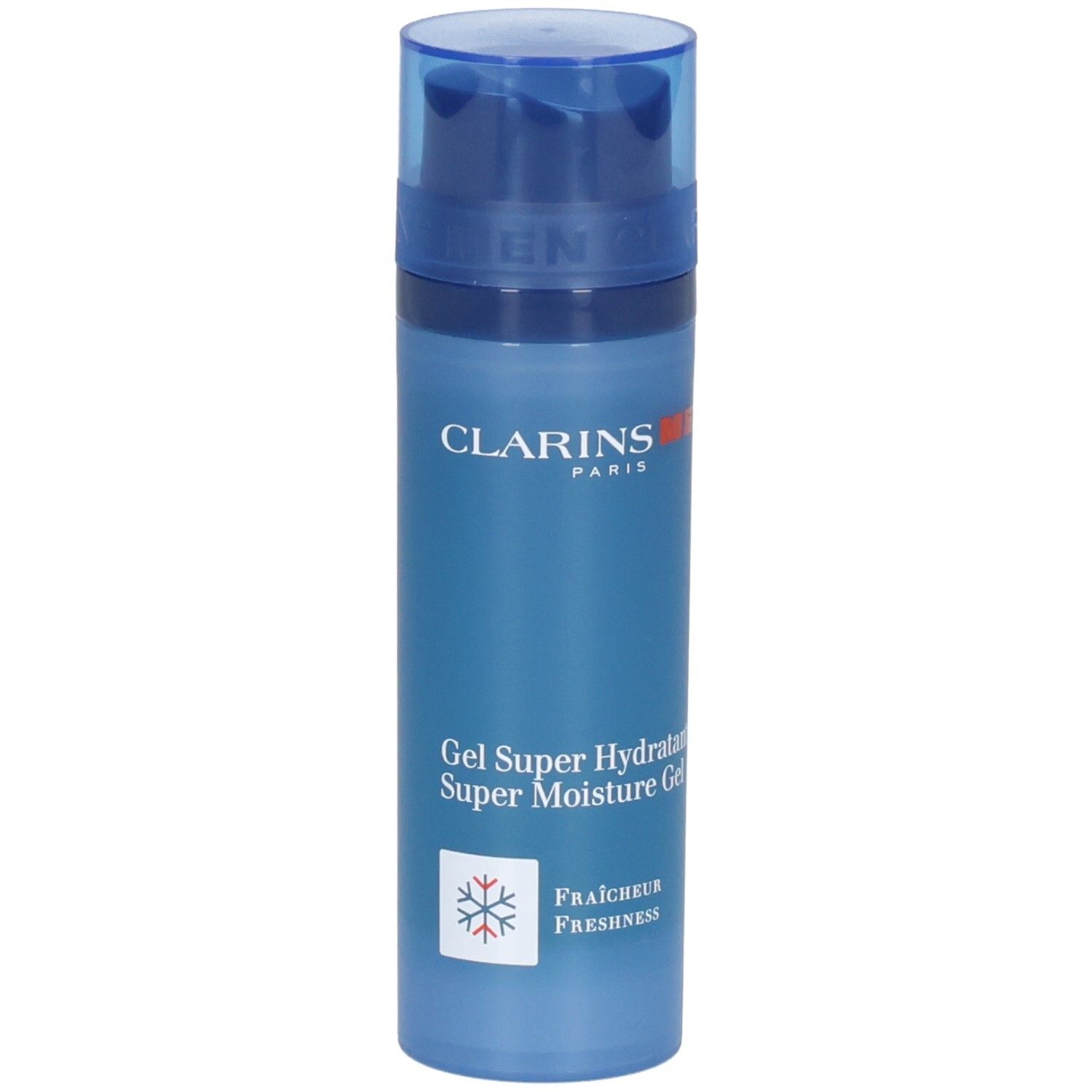 Clarins Men: Gel hydratant avec pompe. Flacon bleu avec inscription blanche et symbole flocon de neige.