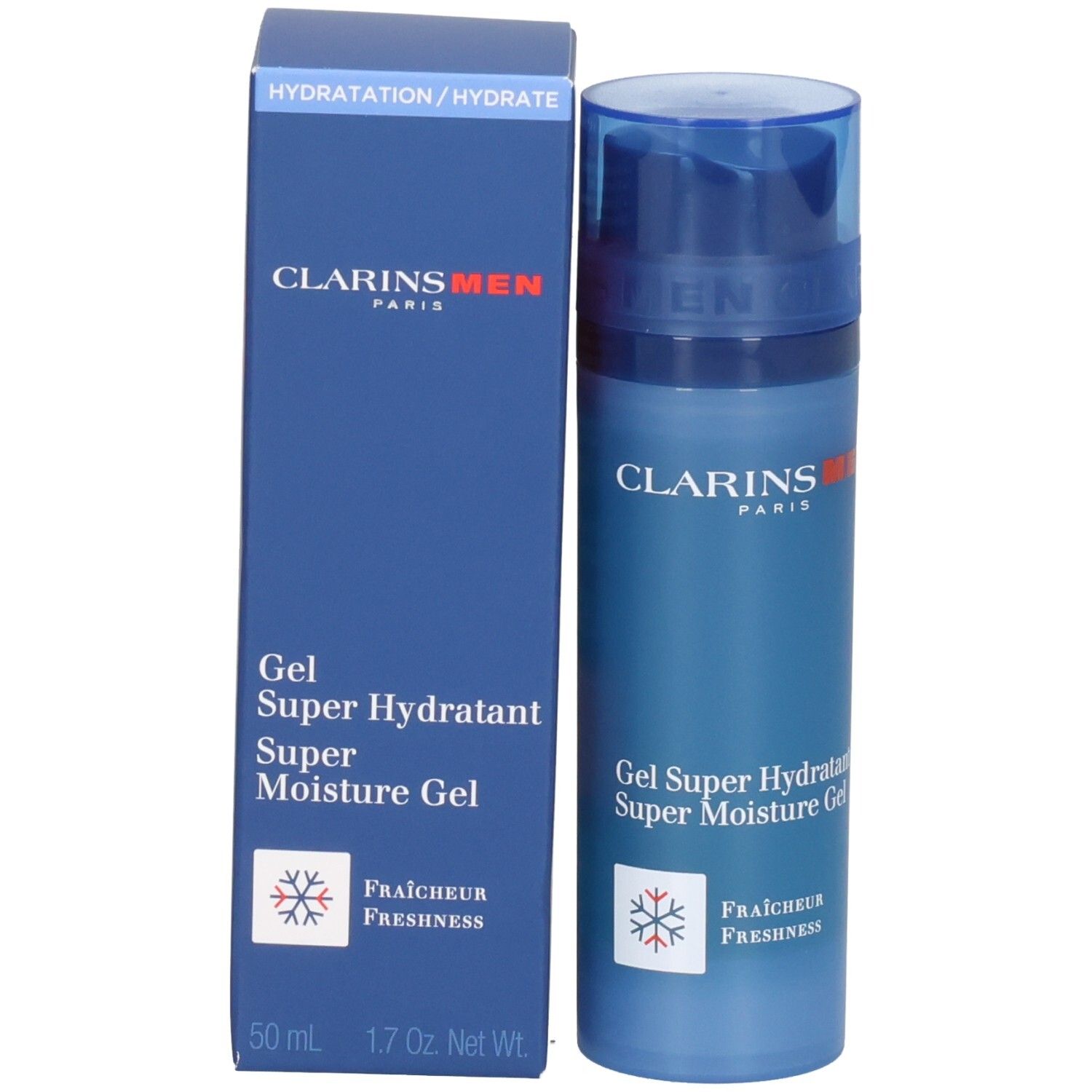 Clarins Men: Gel hydratant et son emballage. Boîte bleue avec informations produit et flacon.