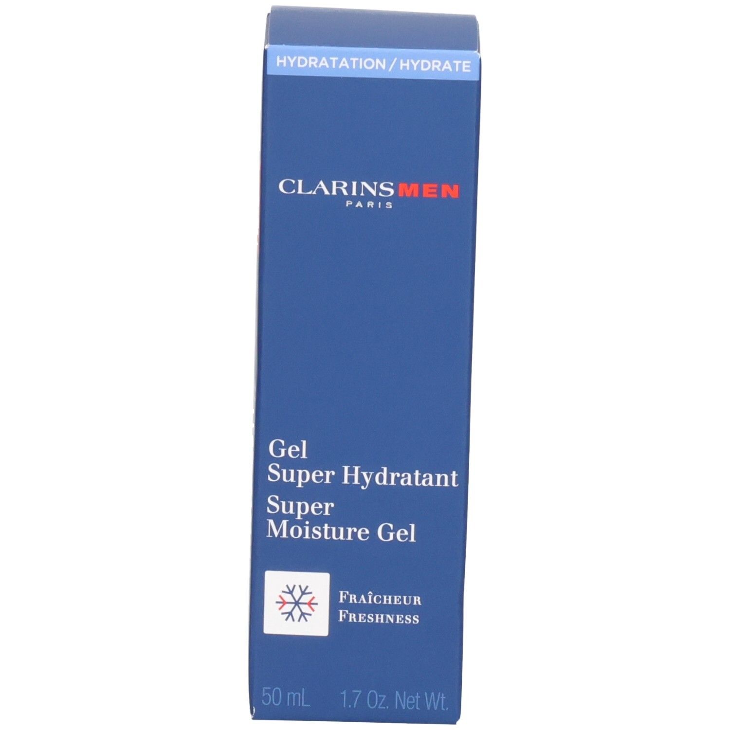 Clarins Men: Emballage pour gel hydratant. Boîte bleue avec nom du produit et indication de volume 50 ml.