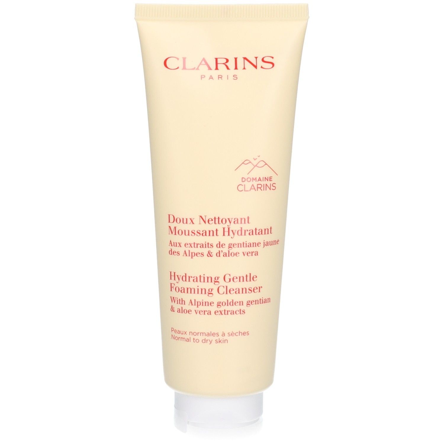 Tube Clarins Hydrating Gentle Foaming Cleanser avec motif de montagne et informations produit.