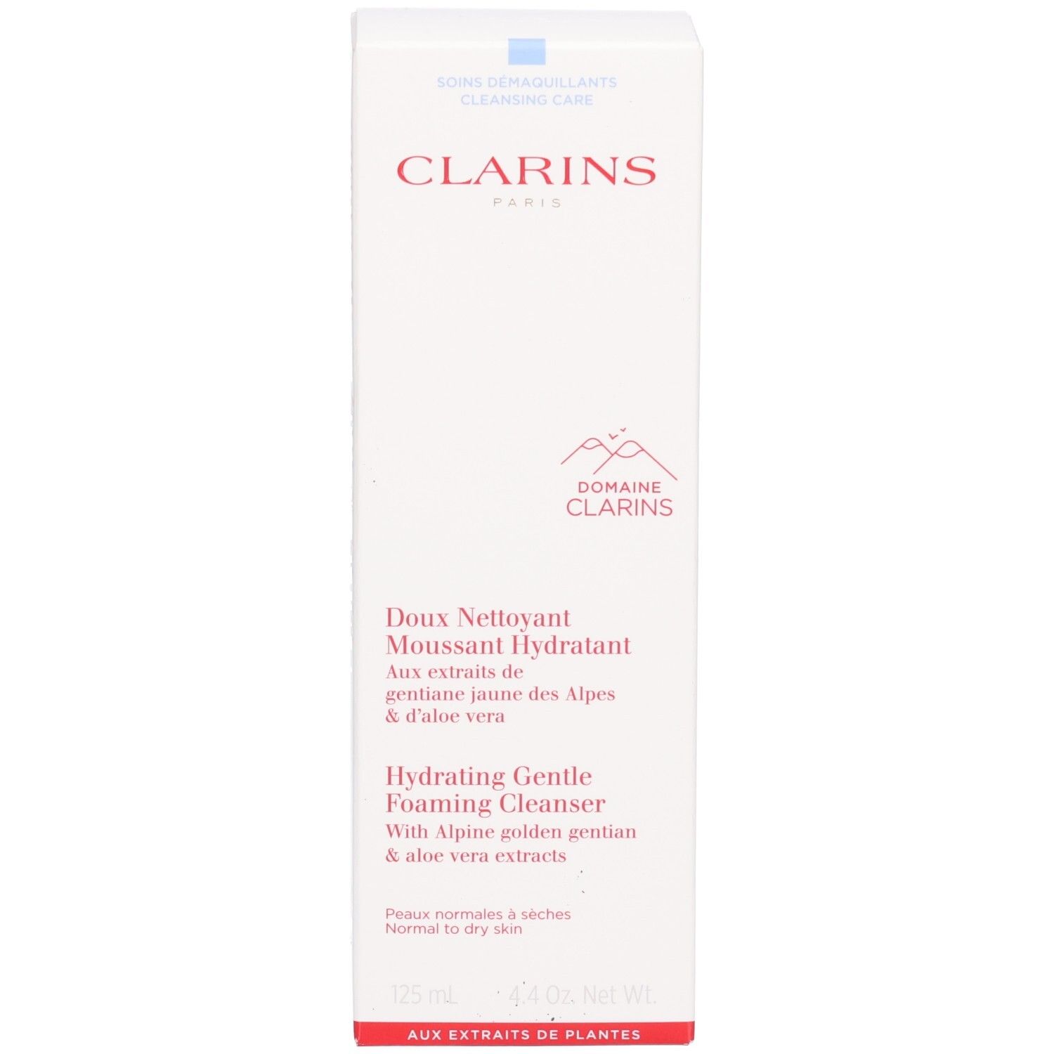 Boîte d'emballage Clarins Hydrating Gentle Foaming Cleanser avec informations produit et motif de montagne.