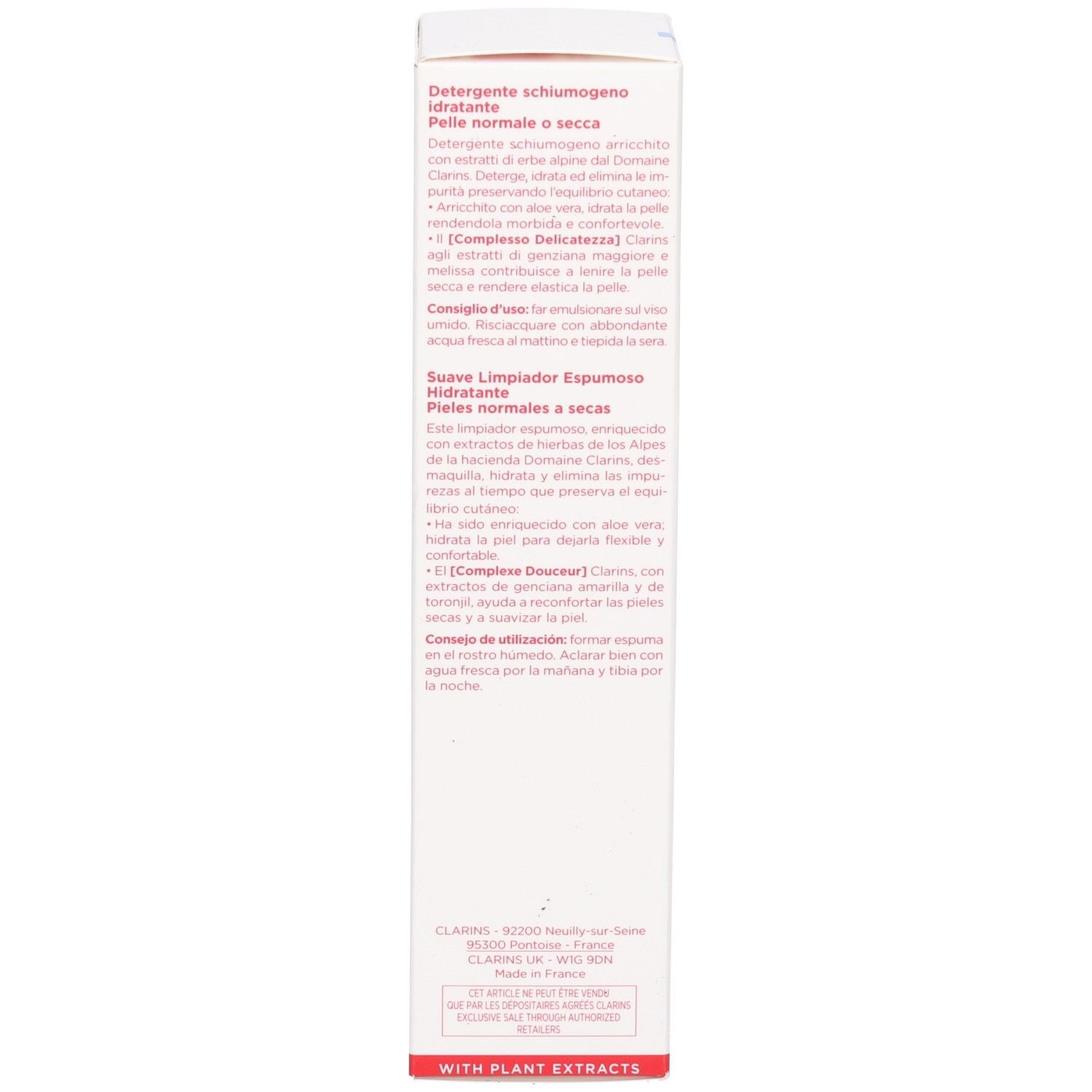 Côté de la boîte d'emballage Clarins Hydrating Gentle Foaming Cleanser avec informations produit détaillées.